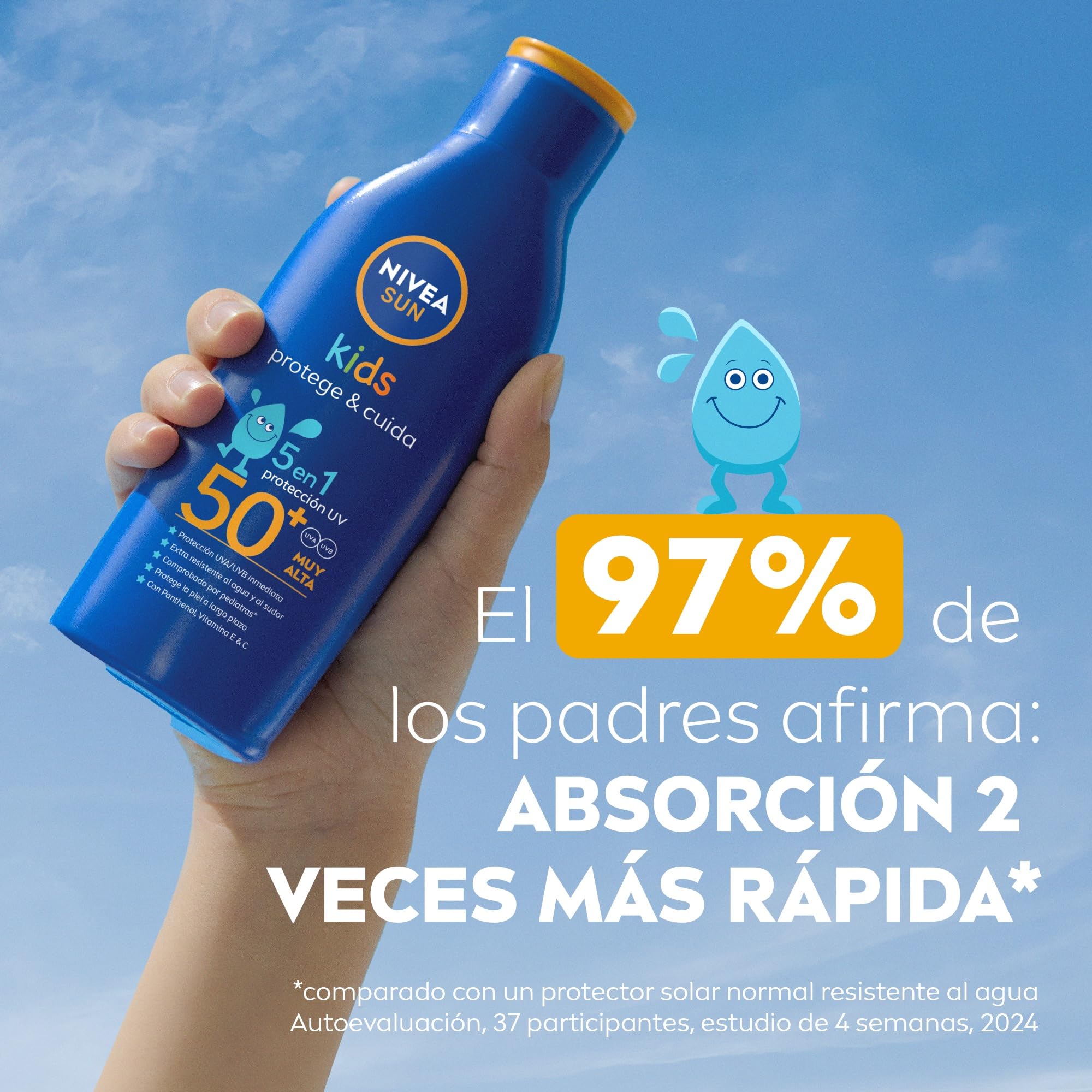 NIVEA SUN Kids Protege & Cuida 5 en 1 - Loción Solar con SPF50+ - Protector Solar Infantil Extra Resistente al Agua - Con Pantenol, Vitamina C y E - Aprobado por Pediatras - Todo Tipo de Piel - 200 ml