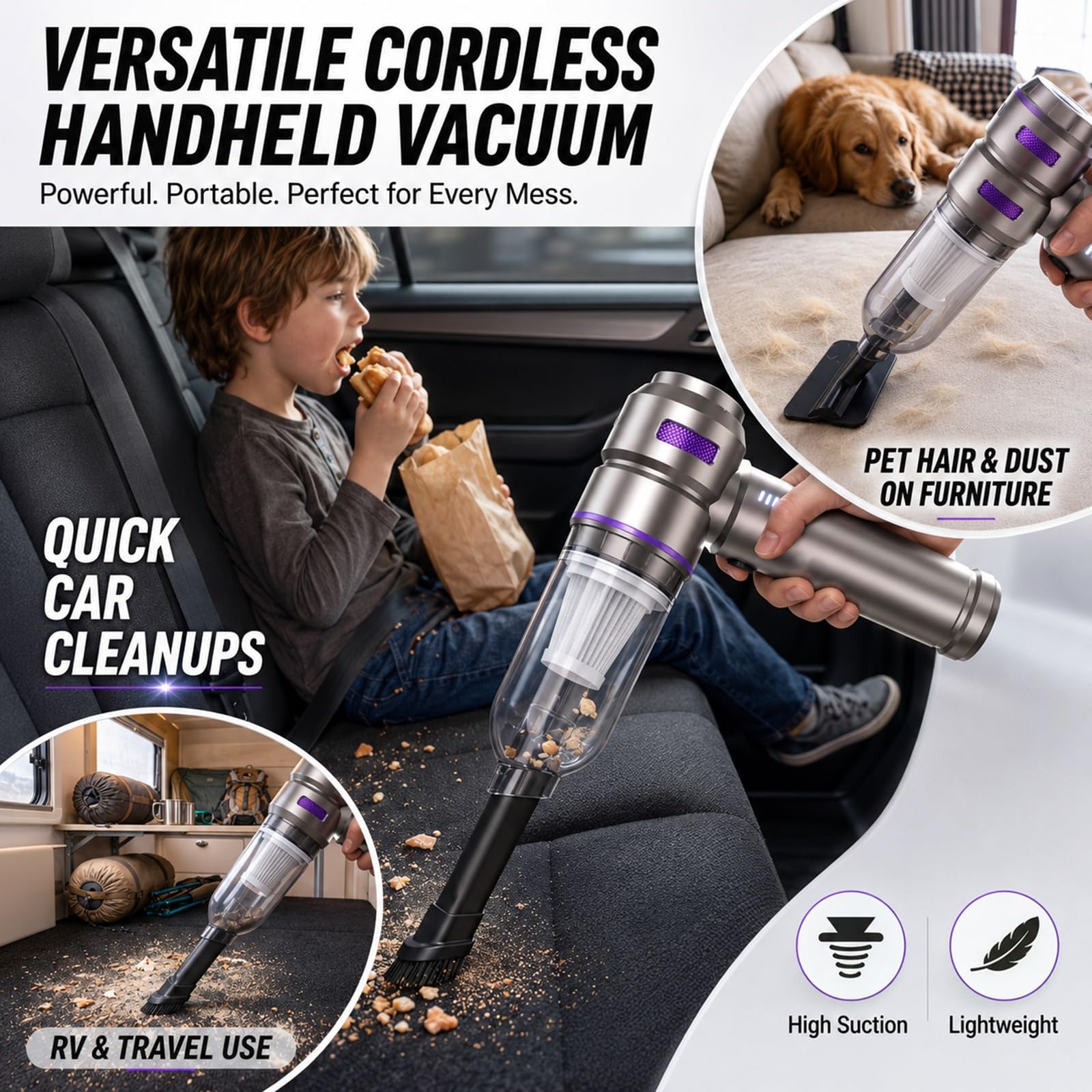 Aspirapolvere Portatile Senza Fili, Mini Aspirapolvere Auto da 21000Pa