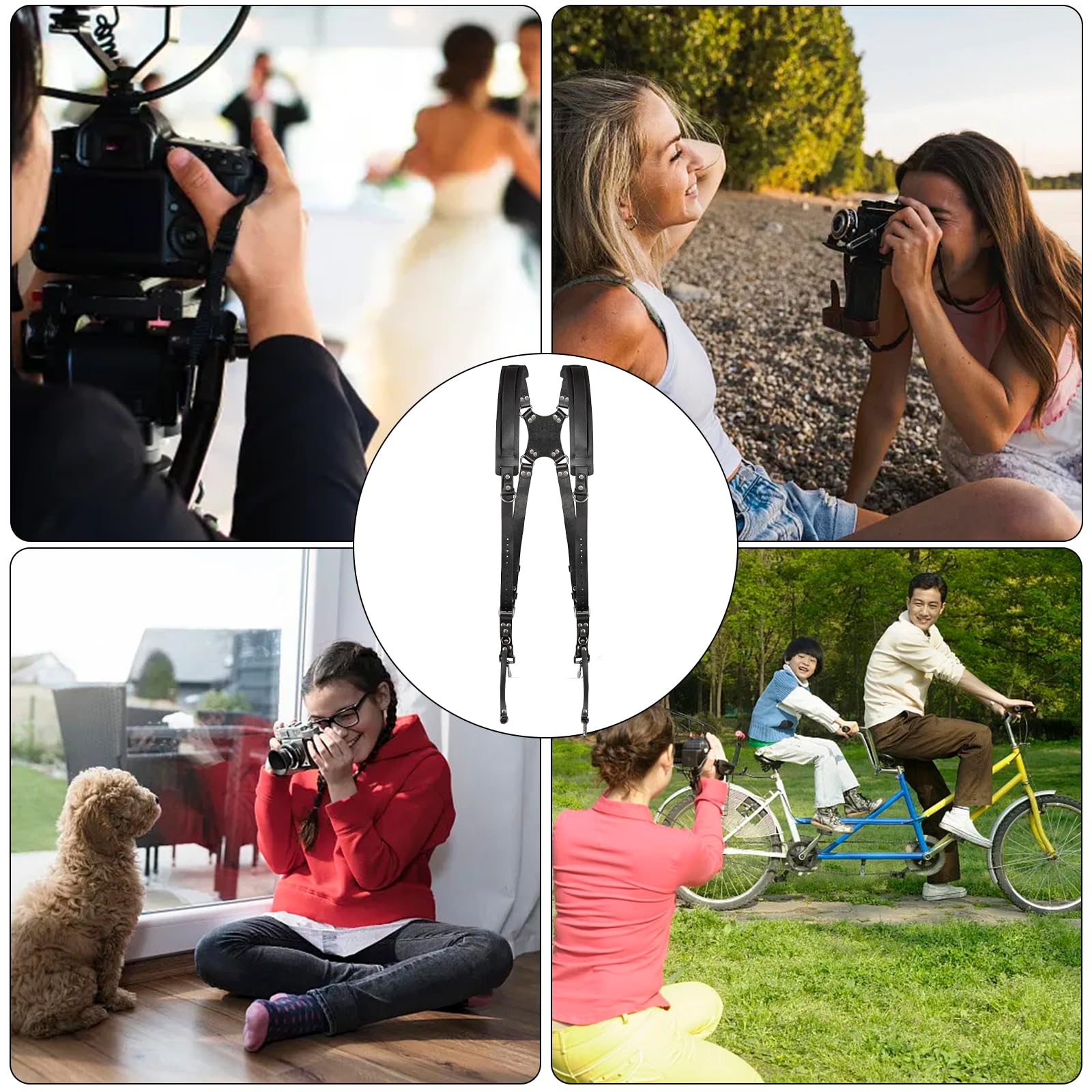 Imbracatura per fotocamera, doppia fotocamera per fotografi, tracolla in pelle per due fotocamere per DSLR/SLR (nero)