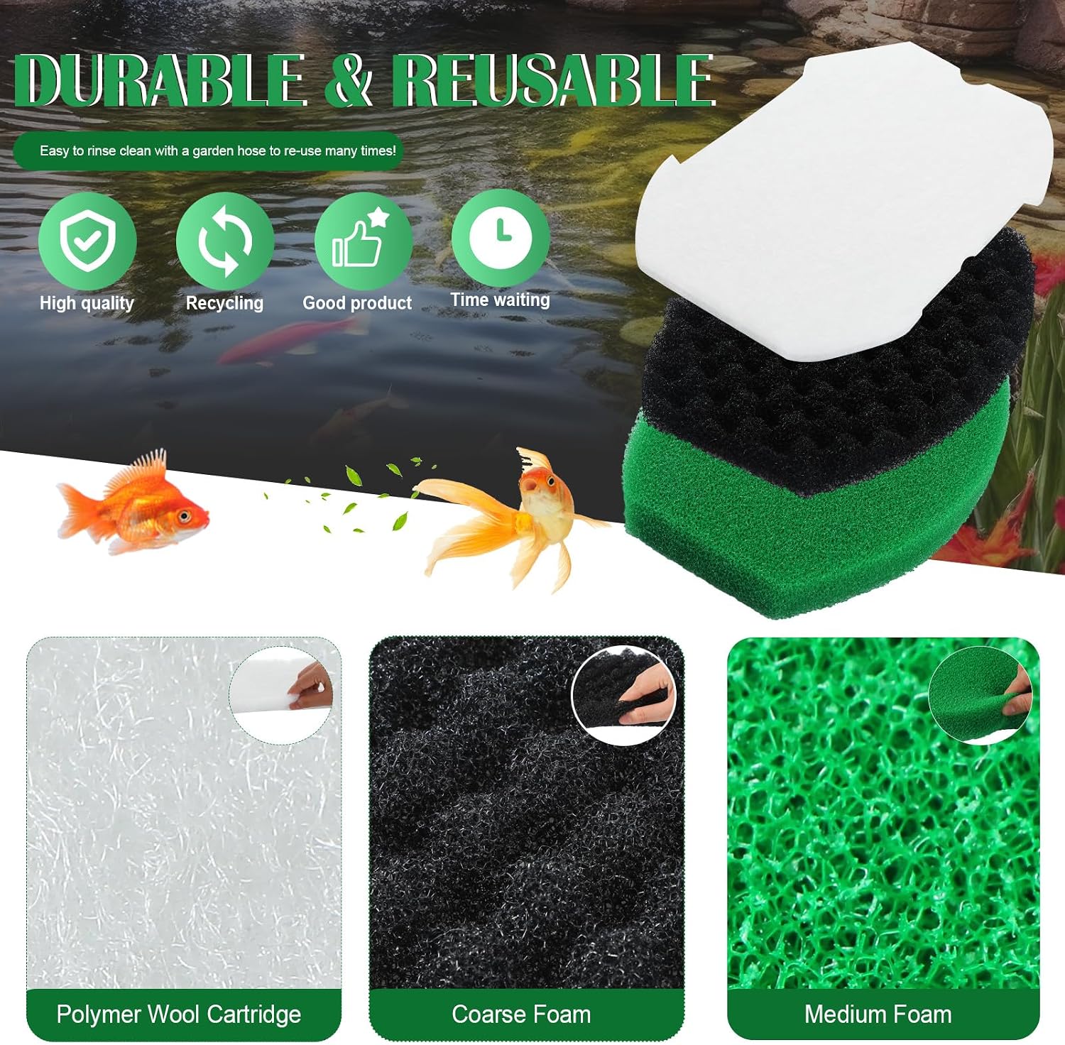 Nuanchu 2 Set Pond Filter Kits Foam Replacement Set Polymer Wool Filter Pads Fits Inpond 5-in-1 600-gallon and Inpond 6-in-1 900-gallon for Outdoor Fish Pond Maintenance