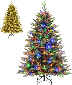 COSTWAY 5FT/6FT Pre-Lit Artificial Christmas Tree, Hinged Xmas Tree with Warm-White & Multi-Color LED Lights, 11 Lighting Modes, Branch Tips, Indoor Festive Holiday Office Home Decor 150 cm