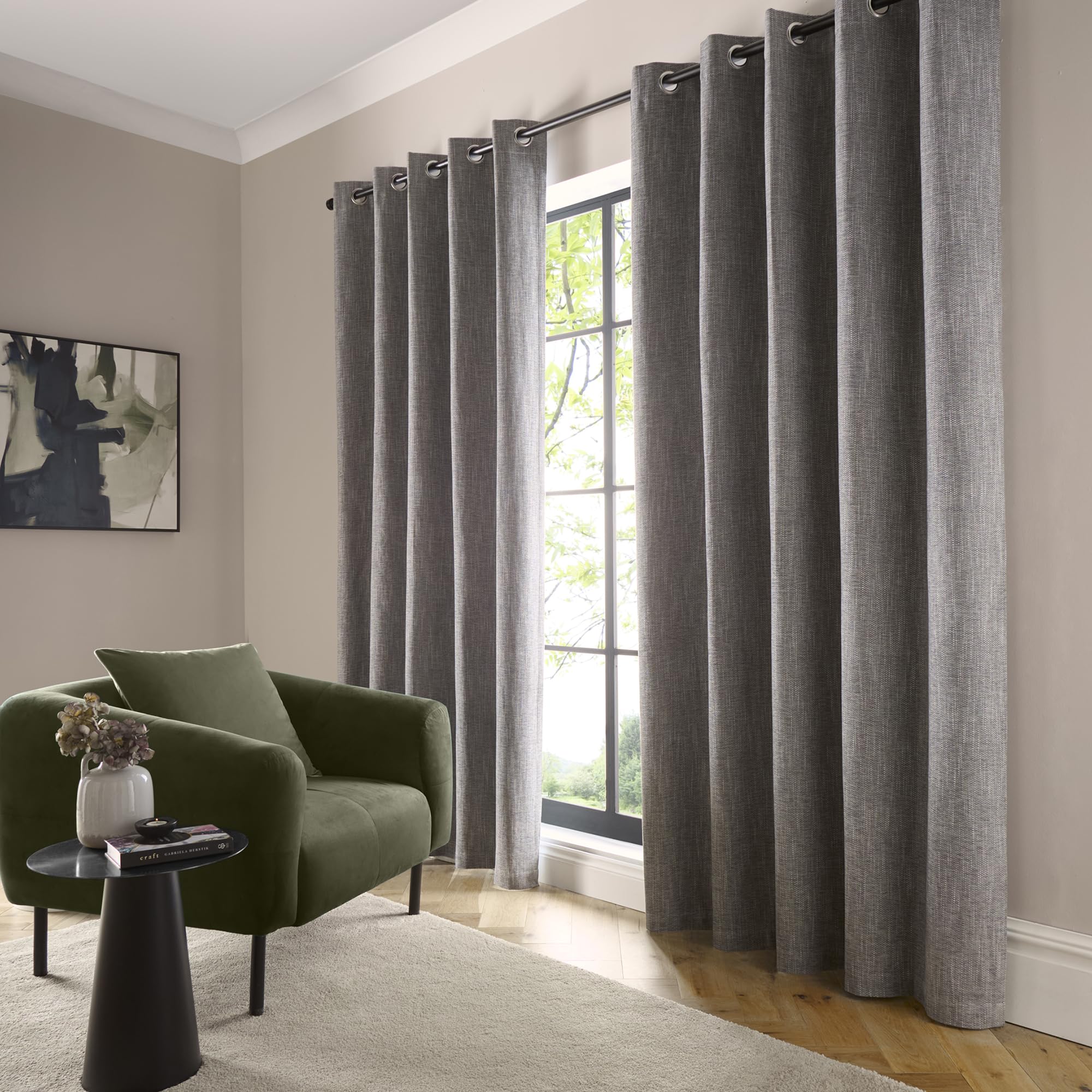 Curtina Boucle Chenille Grey Eyelet Curtains (117 x 137cm) – Lined – Polyester Window Curtains