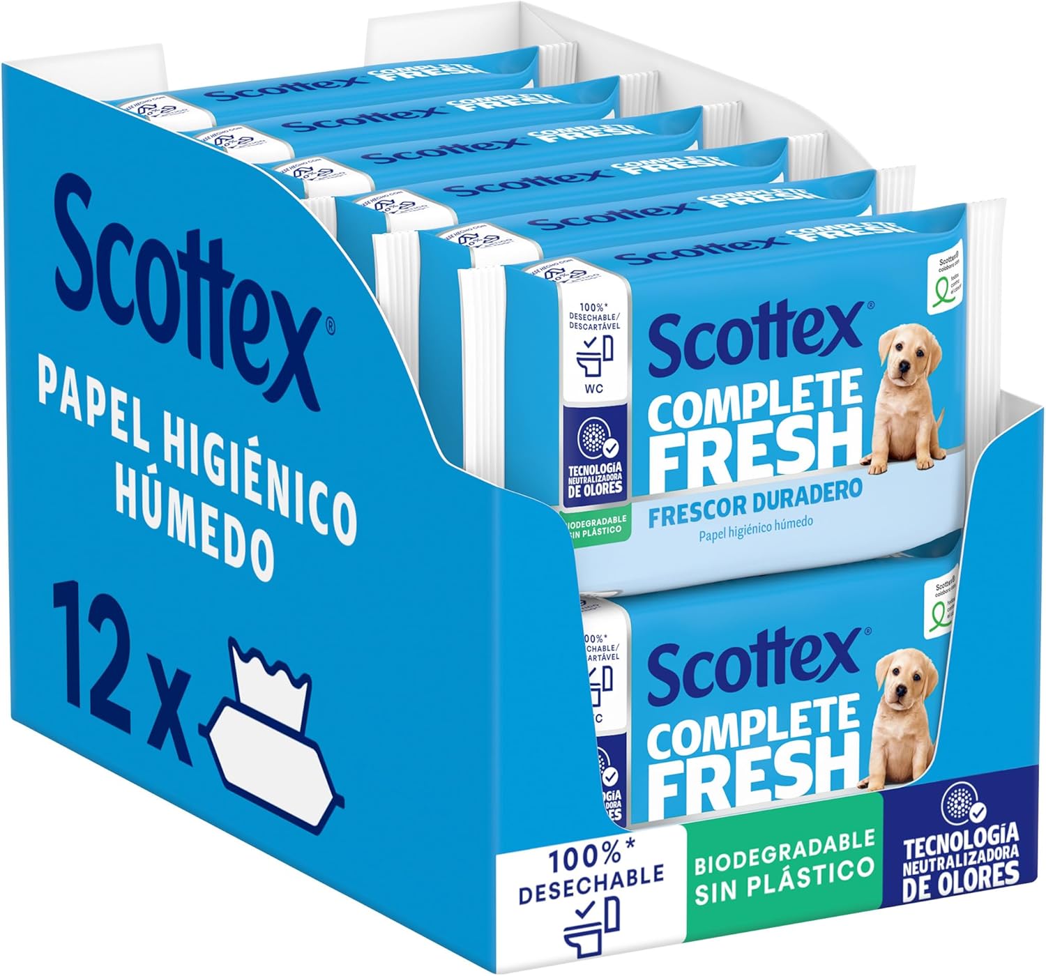 Scottex Fresh Wet Toilet Paper with Micellar Water and Vitamin E, Biodegradable and Plastic-Free, Box 12 Packs of 38 Services, Total 456 Disposable Wet Wipes per Toilet