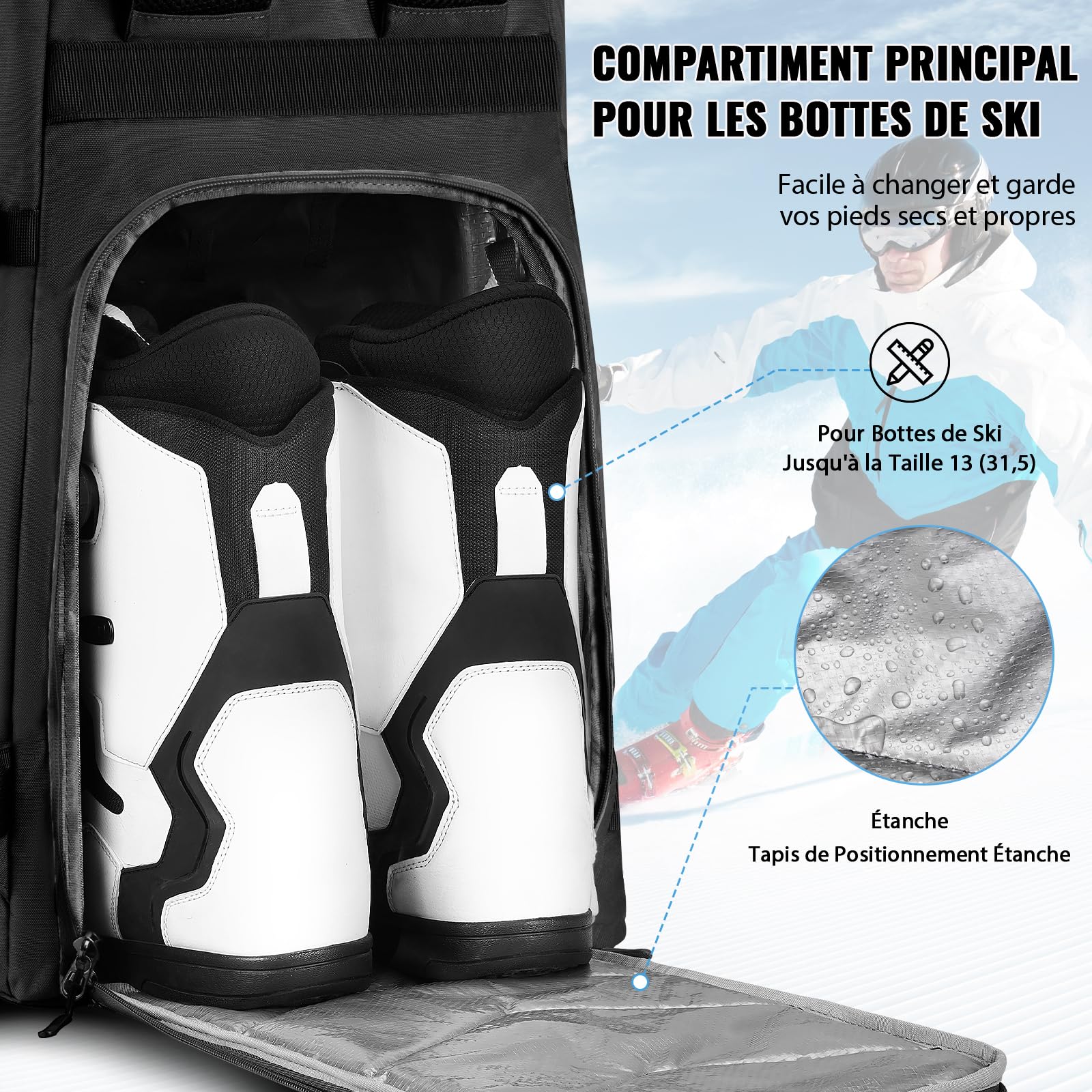 YOREPEK Sac à Dos Ski 65L Imperméable 8 Poches, Sac de Sport pour Bottes Casque Snowboard Skis, Noir