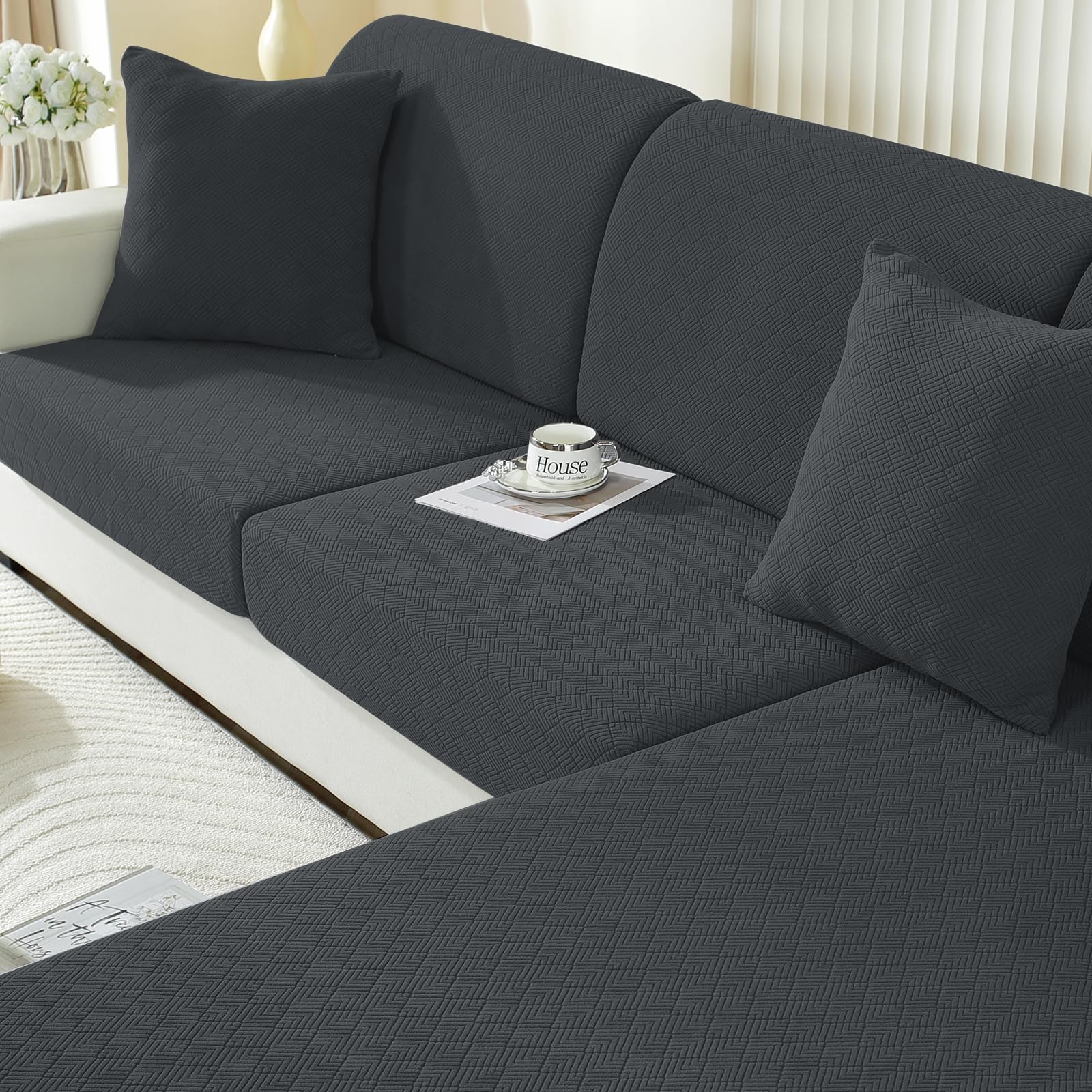 Ystyle Elastic Sofa Seat Cover, Adjustable Anti-Scratch Sofa Cushion Cover, Universal Seat Protector Cover, Separate Non-Slip Cushion Cover (Chaise Longue, Dark Grey) Global Recycled Standard Global Recycled Standard Global Recycled Standard