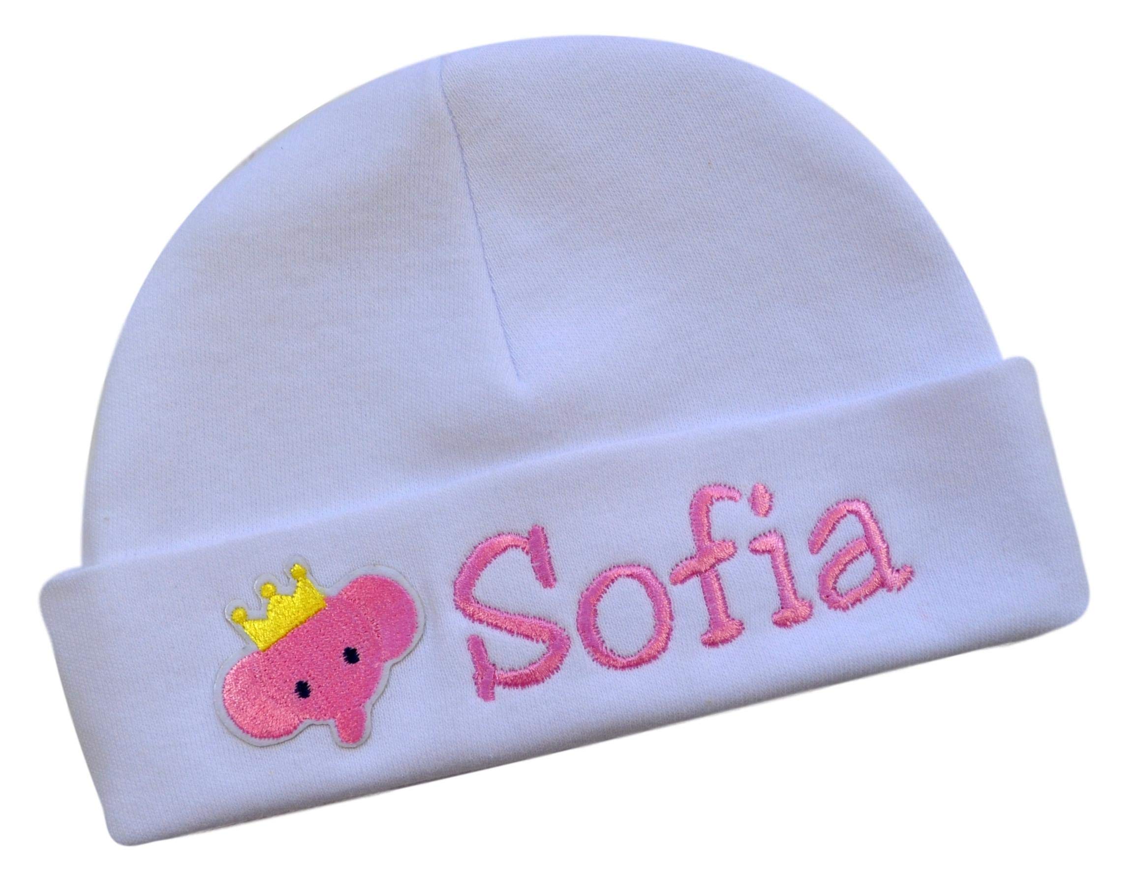 Funny Girl Designs Personalized Embroidered Baby Girls Keepsake Hat with Pink Elephant from (White Hat)