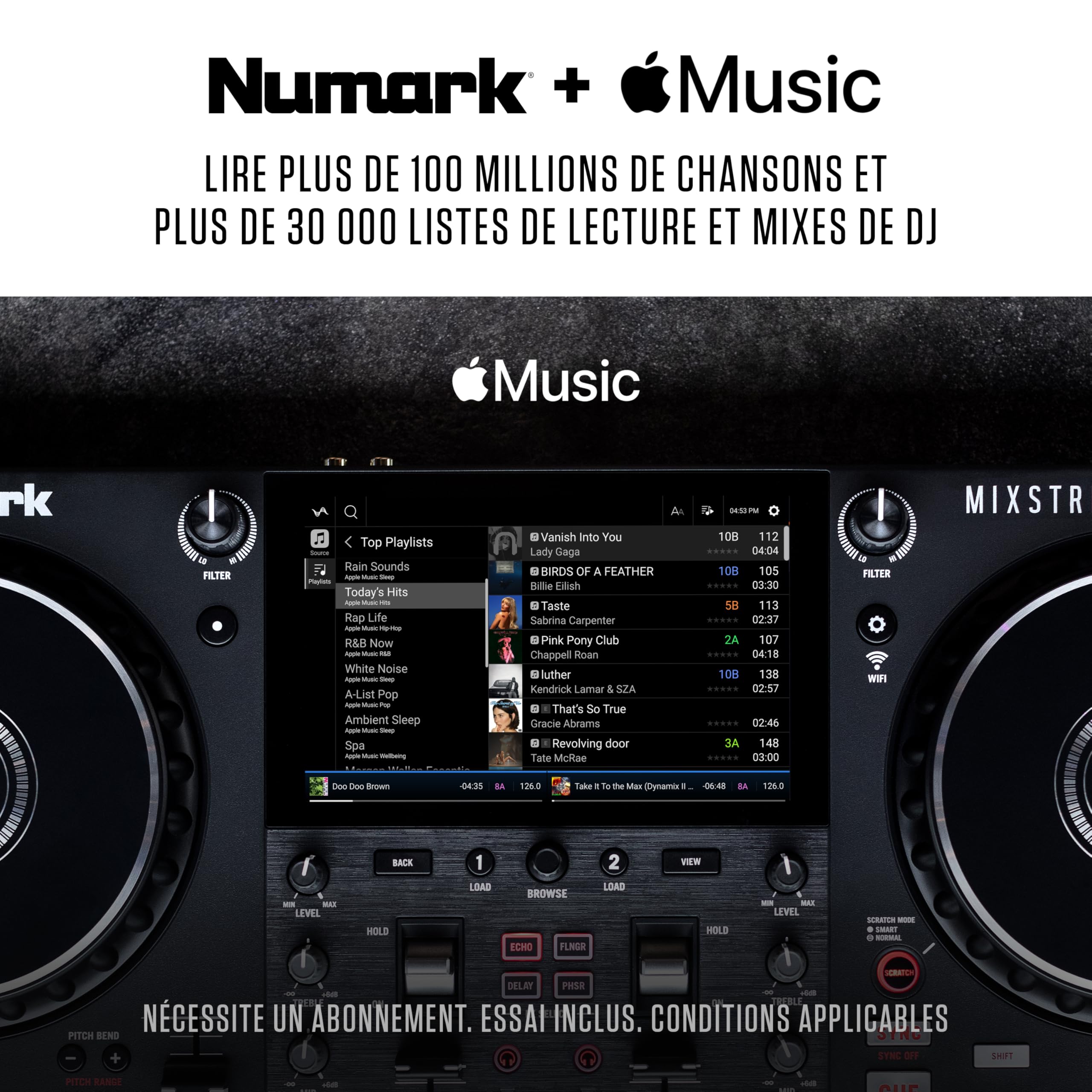 Numark Mixstream Pro+ contrôleur DJ avec séparation Stems, 2 platines, Wi-Fi, mixeur, écran tactile 7", haut-parleurs, compatible Serato et Virtual DJ