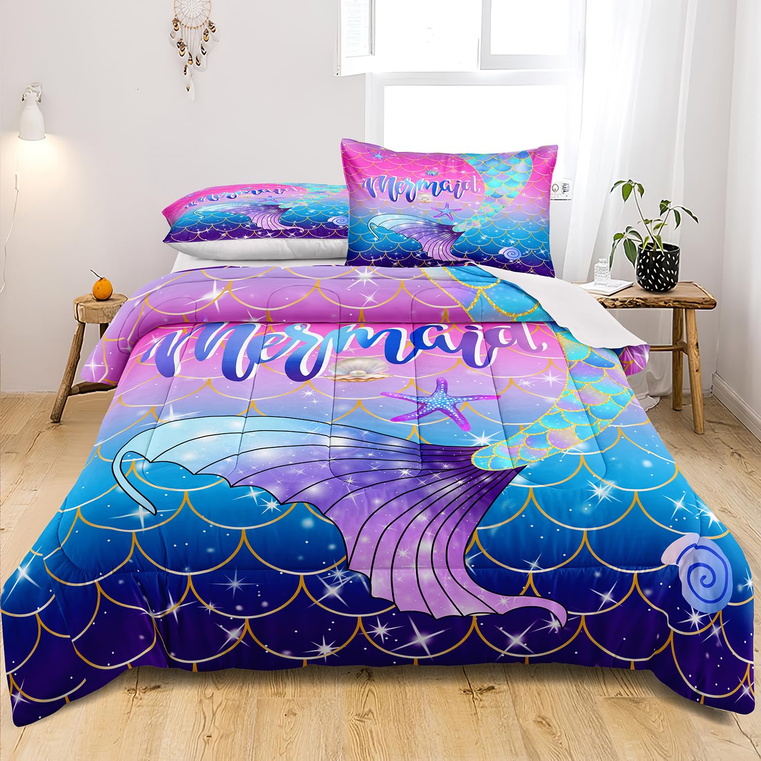 lris Bedding Mermaid Tail Comforter Set Full Size,Rainbow Scales Mermaid Printed Bedding Set for Kids Teen Girls Soft Microfiber Gradient Glitter Bedding for Bedroom Decor MS01-Full