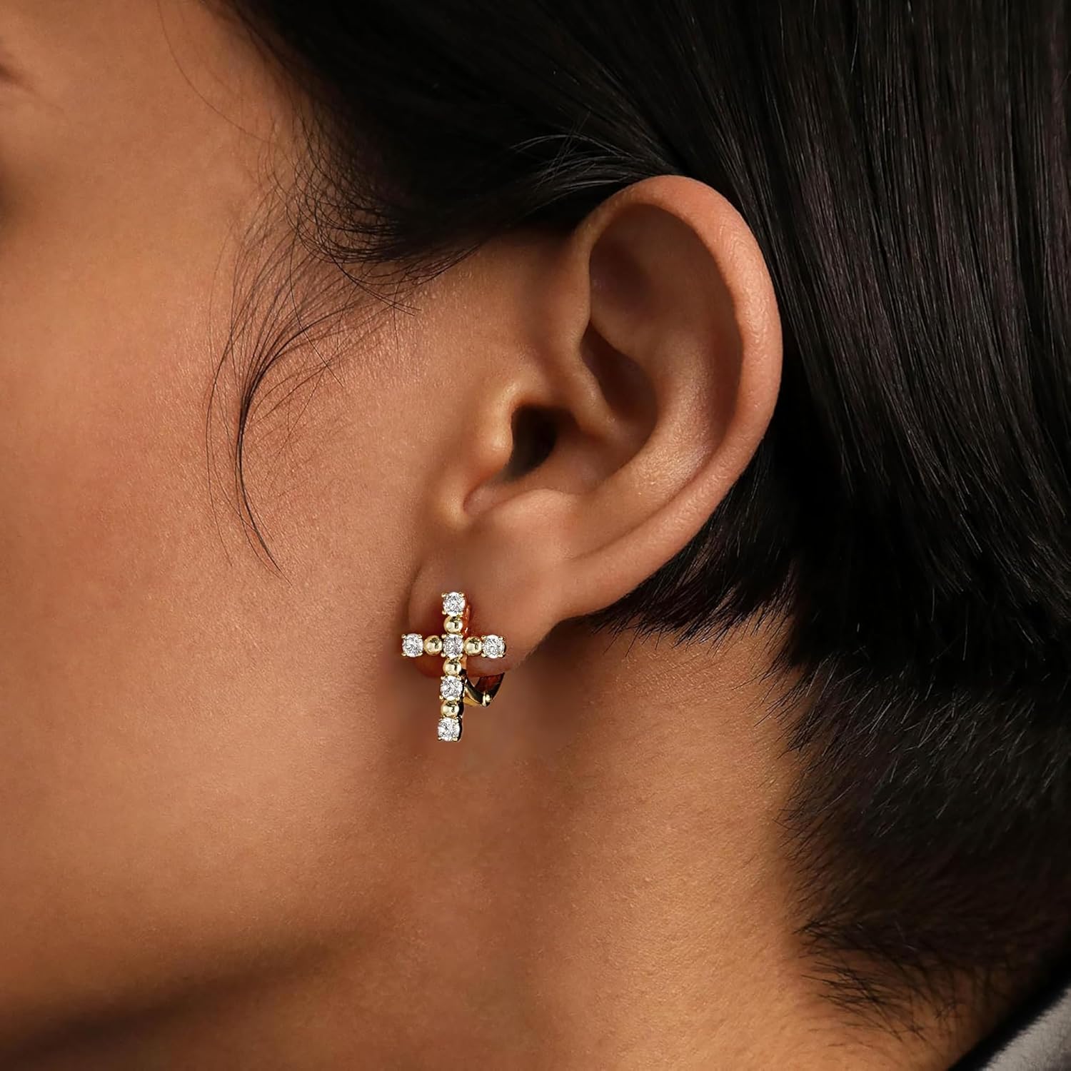 14K Gold Cross Huggie Earrings for Women Trendy Gold Hoop Earrings for Women,Hypoallergenic CZ Cubic Zirconia Huggie Hoop earrings,Birthday/Easter/Christmas earrings gifts - Image 3