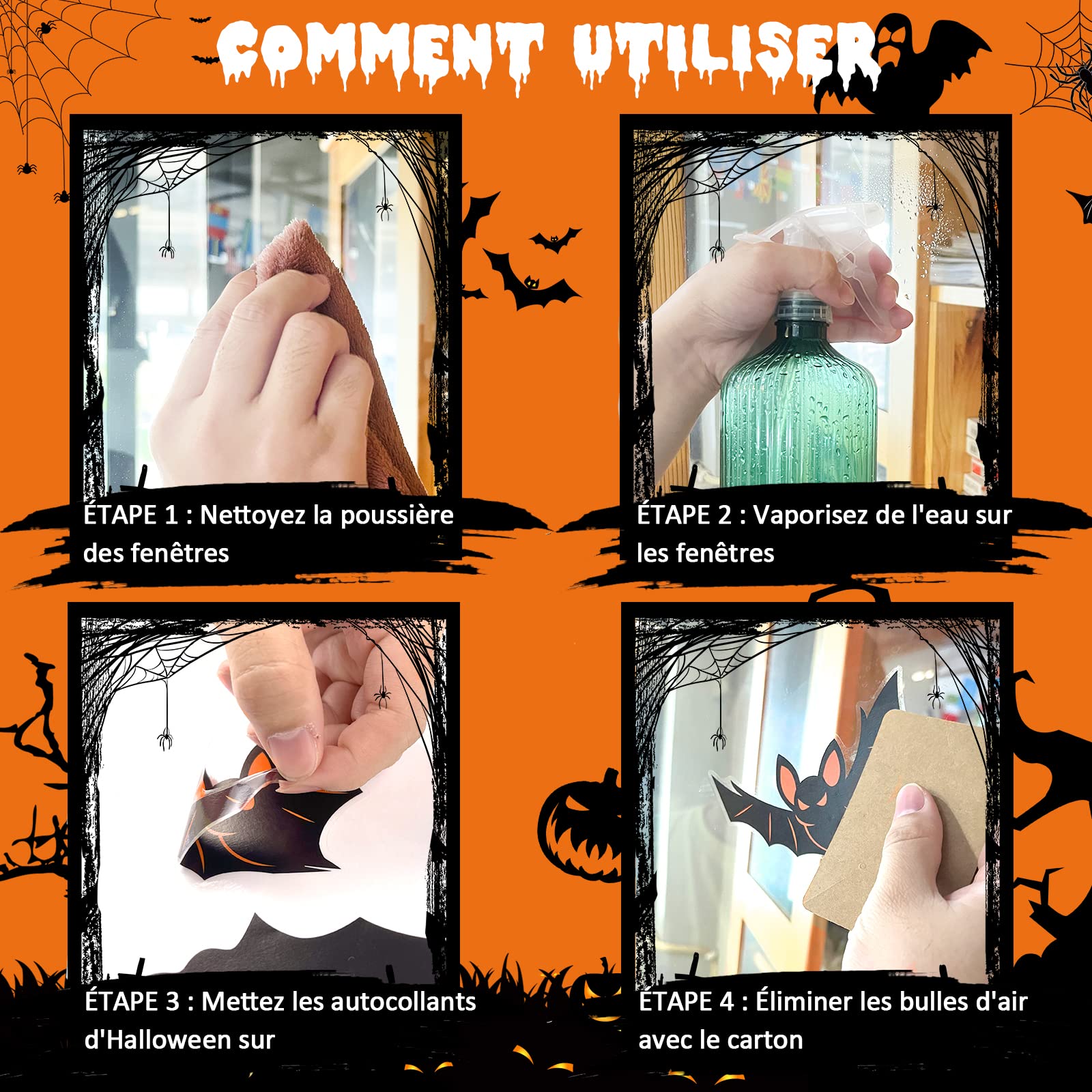 Stickers Halloween Réutilisables Autocollants Halloween Fenêtre 9 Feuilles - Squelette, Citrouille, Château | PVC Réutilisable, 20x30cm - Déco Fête Stickers Halloween Réutilisables Pvc