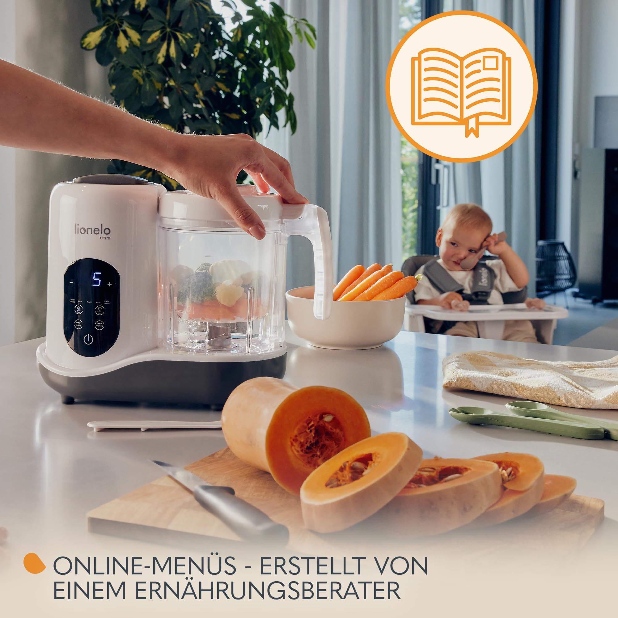 LIONELO BABYMENU Küchenmaschine zur Zubereitung von Babynahrung | 4 Programme Dämpfen, Mixen, Erhitzen, Auftauen, Online-Rezepte, Weiß