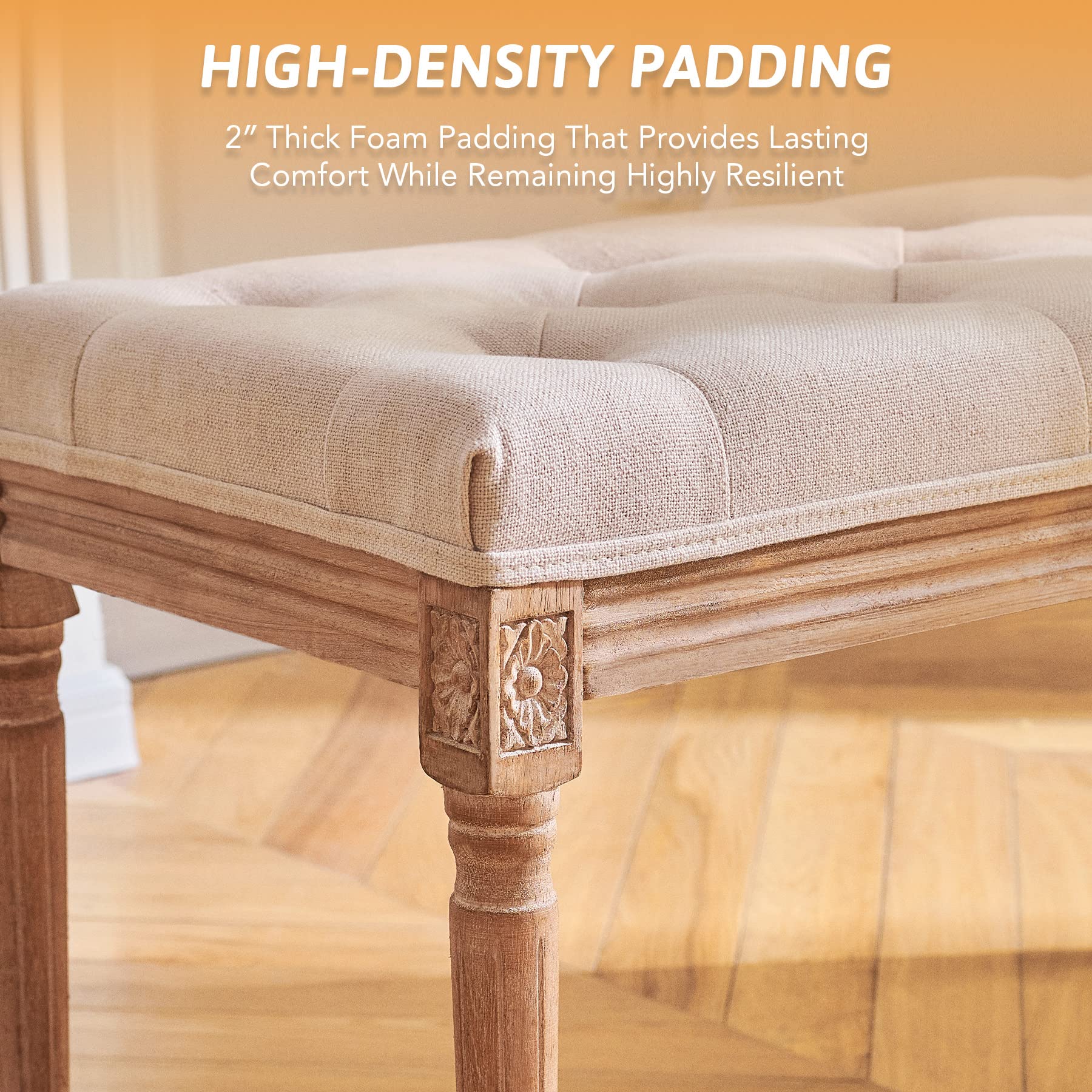 VONLUCE Vintage Dining Bench with Padded Seat and Rubberwood Legs, Upholstered Entryway Bench