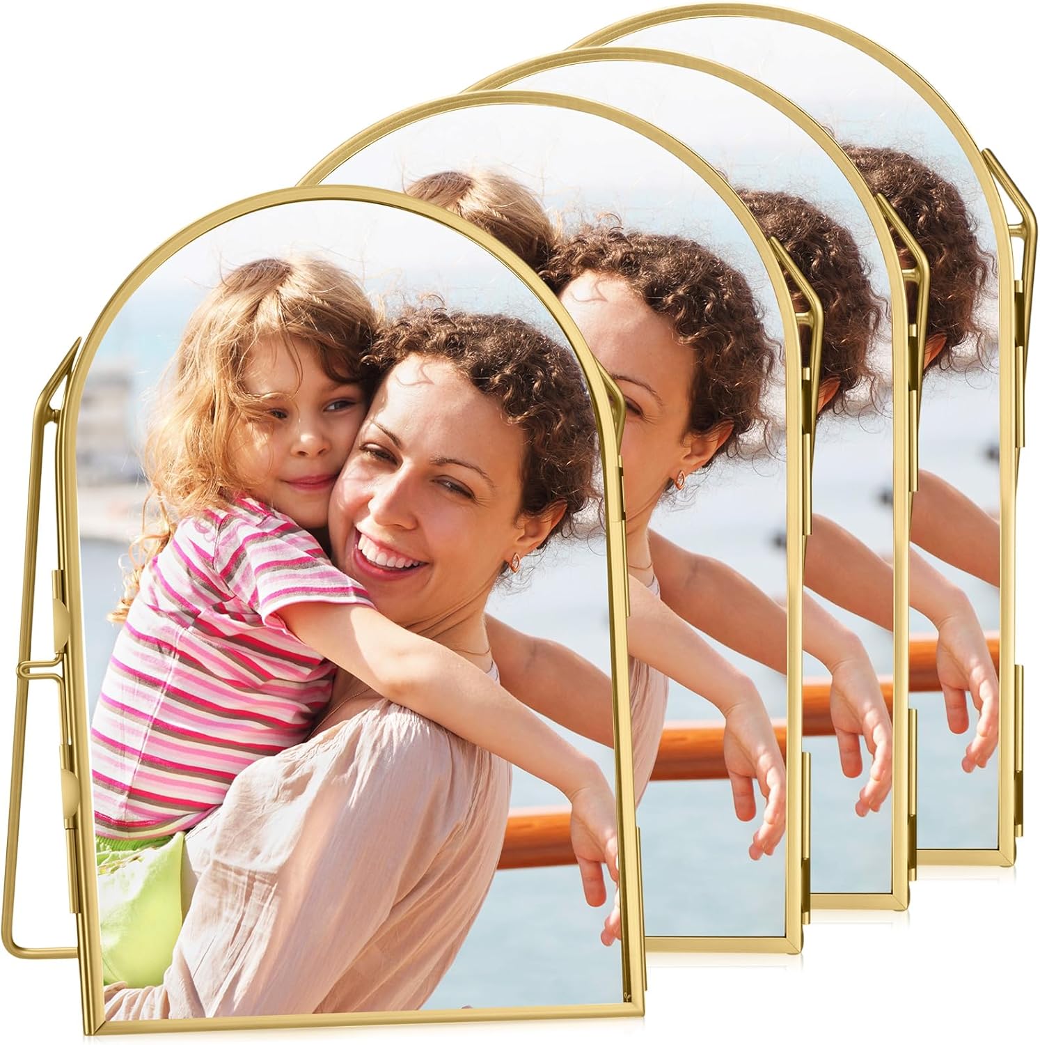 Vicenpal 4 Pcs 4 x 6 Inch Double Glass Frame for Pressed Flowers Vintage Metal Gold Floating Picture Frames Minimal Vertical Arched Photo Stand for Desk Tabletop Display(Gold)