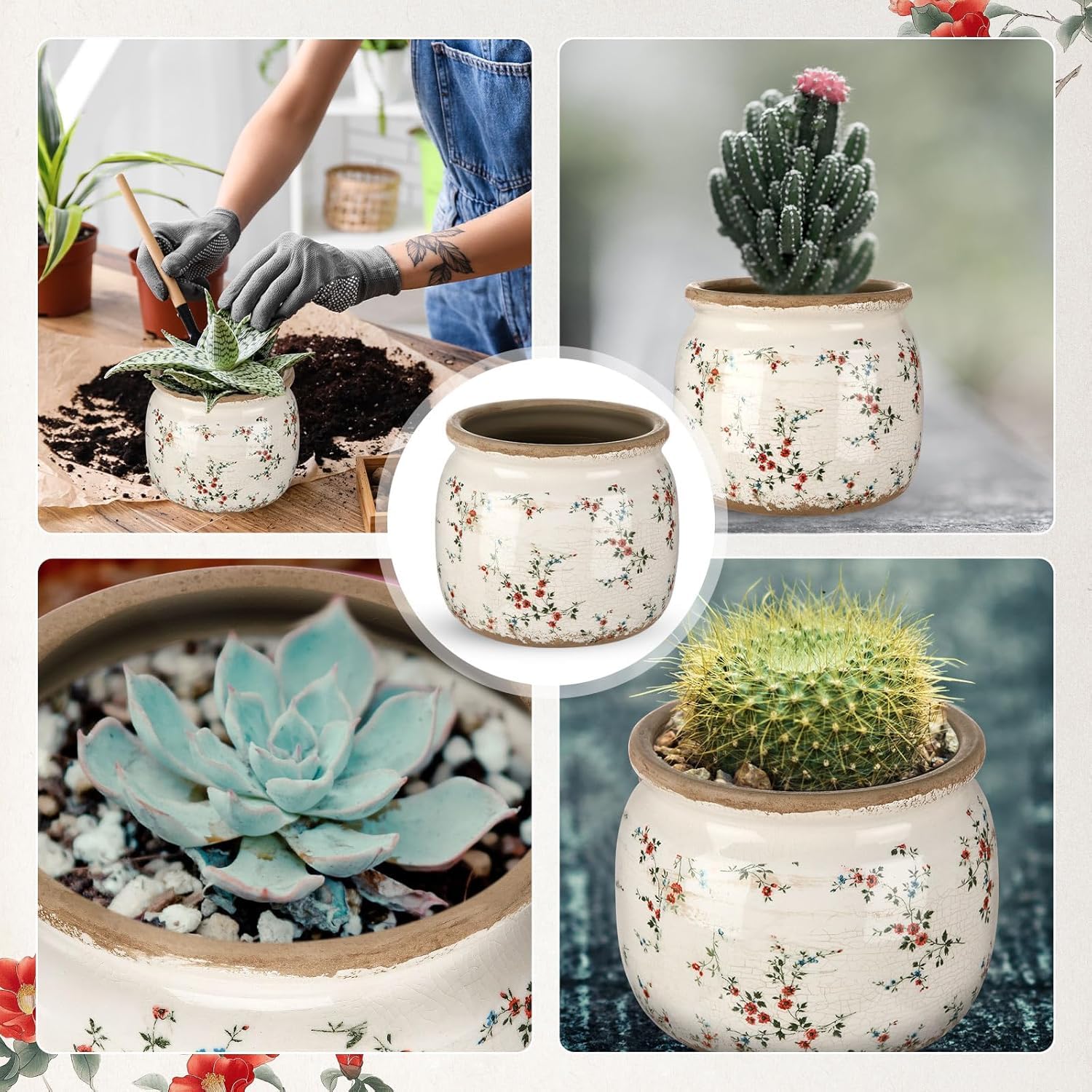 Großer Keramik-Blumentopf, 19,6 cm, Beige/Rot, Cottage Rose, Craquelé-Glasur, rustikaler Blumentopf, dekorativer Übertopf mit Drainage, für Innen- und Außenbereich, Pflanzen, Zuhause