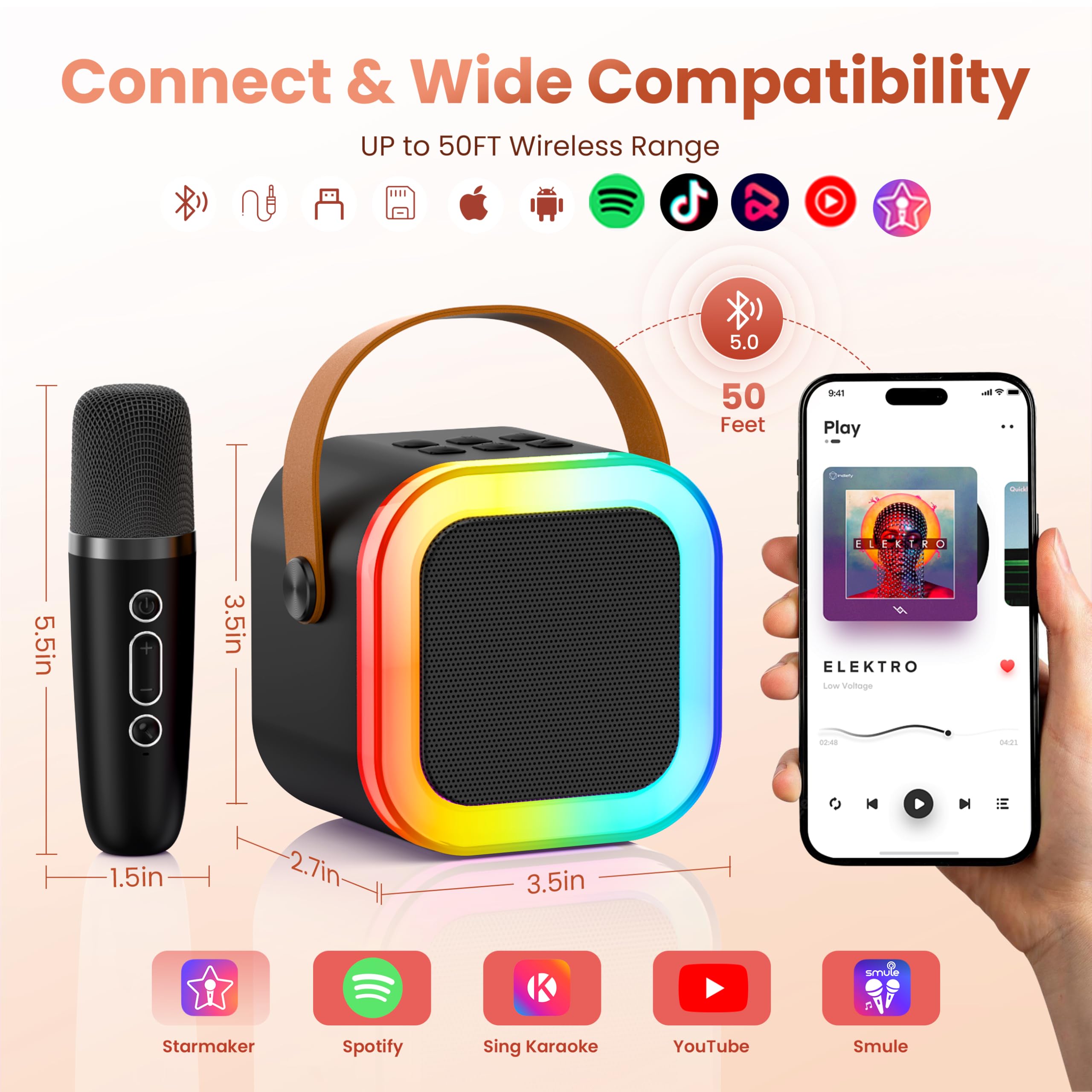 Karaoke Machine for Kids Adults, Portable Bluetooth Mini Karaoke Microphone Singing Speaker Karaoke Player with 2 Wireless Mic Toys for All Smartphones,Birthday, Family,Home Party (Black) - 5