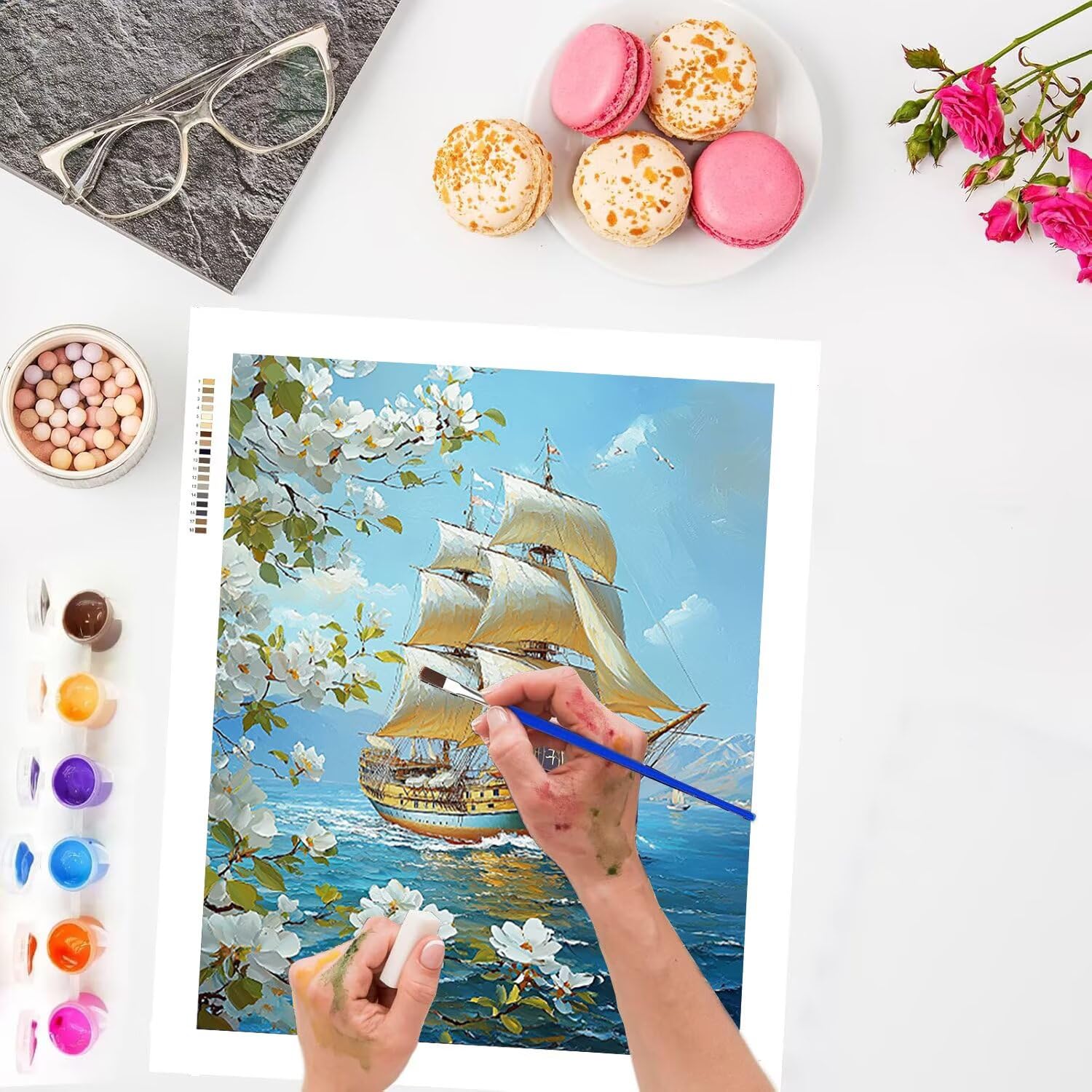 WEISHIWE Dipingere con i Numeri Adulti Barca a vela e fiori, 80x100cm s-217 | Paint by Numbers Kit con Pennelli e Acrilico Pigmento, Fai da te Olio La Pittura di Numeri Kit, Decora la Casa, senza Cornice