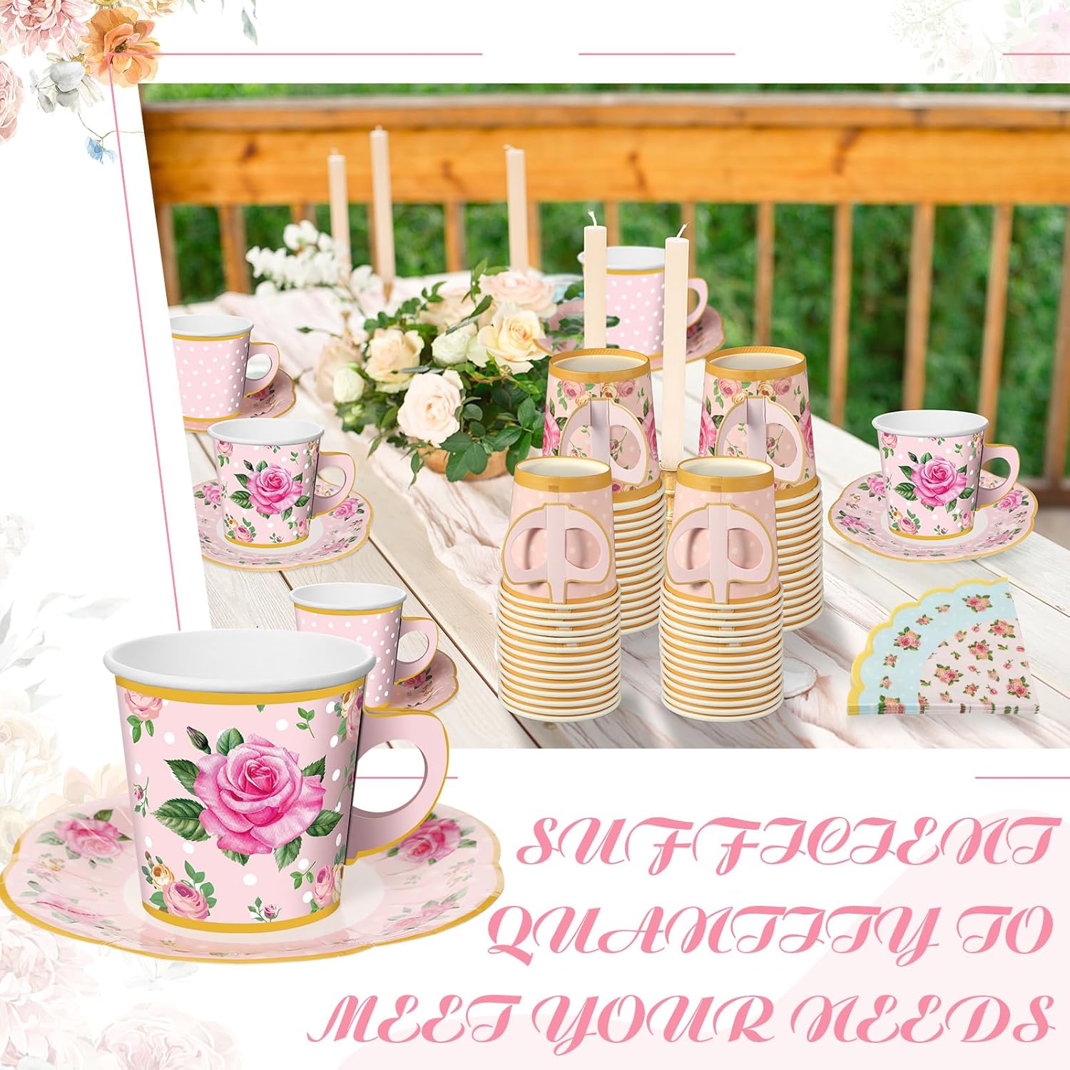Umigy 36 Sets Tea Party Decorations 6.5 oz Floral Paper Tea Cups with Plates Paper Napkins Disposable Blossom Teacups and Saucers Sets for Girls Birthday Party Supplies(Pink)