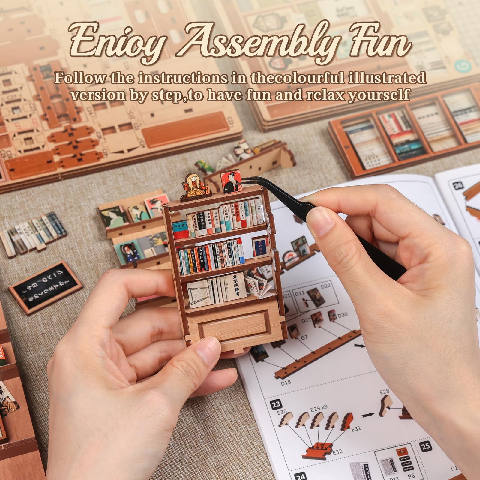 Cutefun Book Nook Japan - DIY Miniature House Kit per Adulti - 3D Wooden Puzzles Bookshelf Decor - Tiny House Gift per Amanti dei Libri, Lettori, Appassionati di Craft (Antique bookery of Kyoto)
