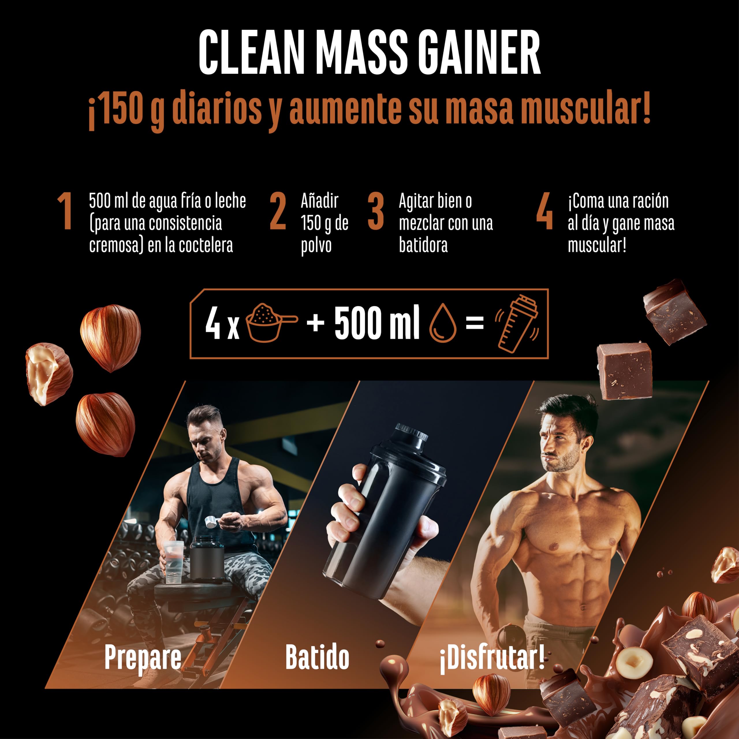 Clean Weight Gainer - 3 kg - Con Hidratos de Carbono Complejos y Proteína - Ideal para la Fase de Volumen - Polvo para Ganar masa y Peso - Vegetariano - Sabor Hazelnut Nougat