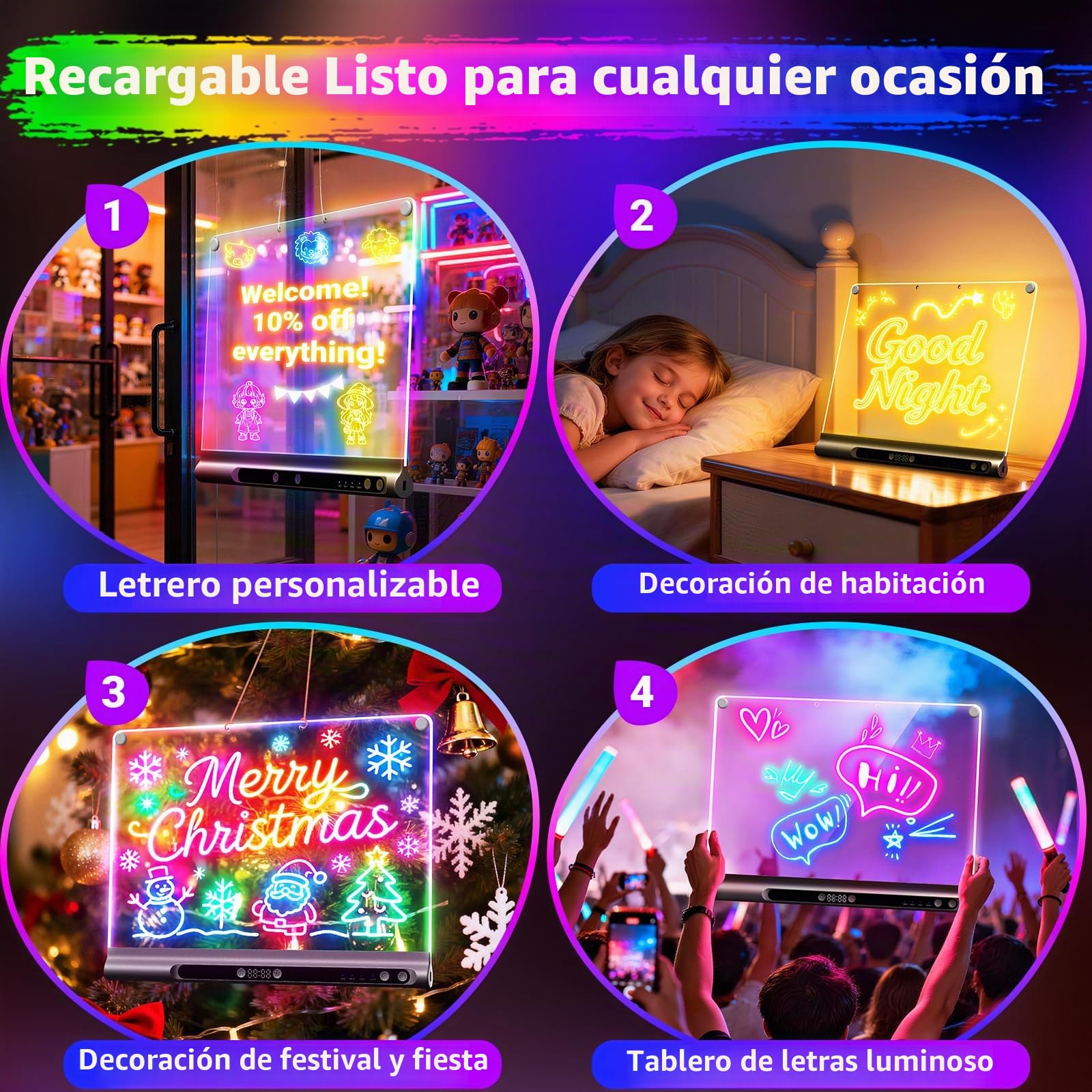 Cuadro luminoso LED recargable 41 cm, 9 modos luminosos con temporizador y soporte, pizarra acrílica neón borrable en seco, regalo Niño/Ado, 6 rotuladores y libro de modelos