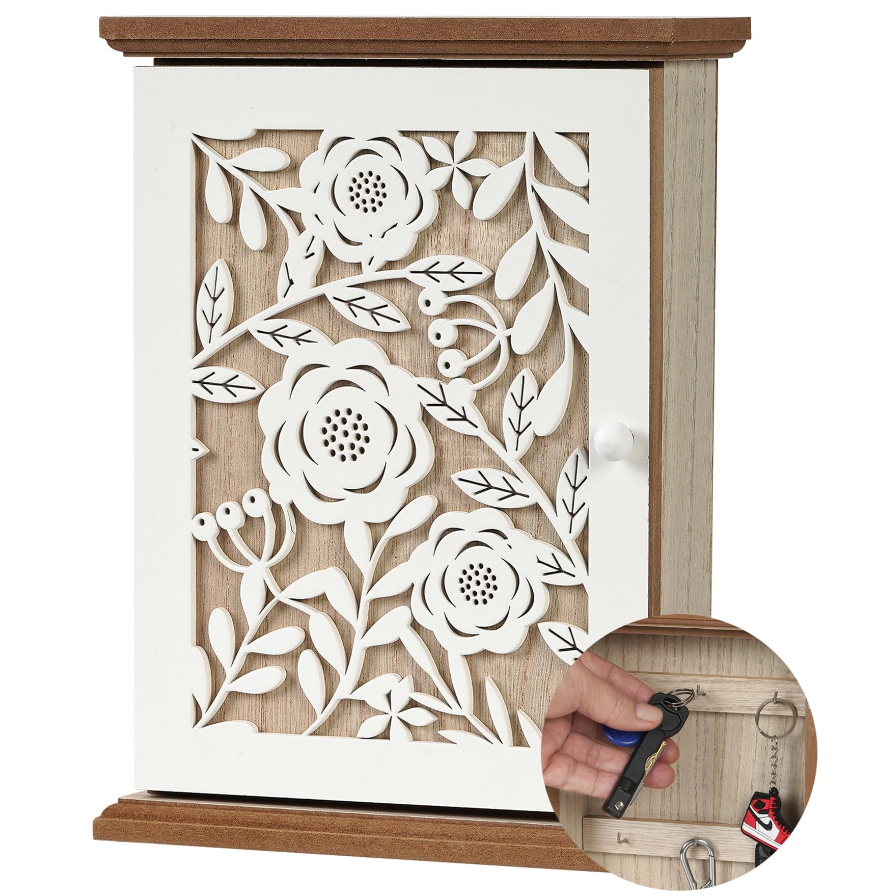 Wooden Key Holder, Decorative Wall Mount, Farmhouse Style, 6 Key Hooks, White