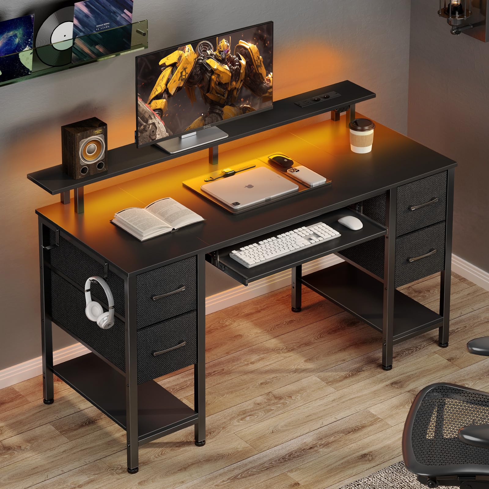 Rolanstar Bureau avec Tiroirs, Bureau Gamer 120 x 47 cm avec Prise Intégrée, LED et Support Écran, Bureau d'Ordinateur avec Plateau Clavier- pour Jeu Travail Étude, Noir