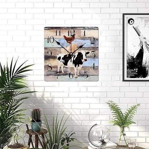 Miniatura 8 de Reloj de pared de madera con diseño de animales de granja, vaca, cerdo y pollo de 10 pulgadas, reloj de pared cuadrado de madera, reloj de pared
