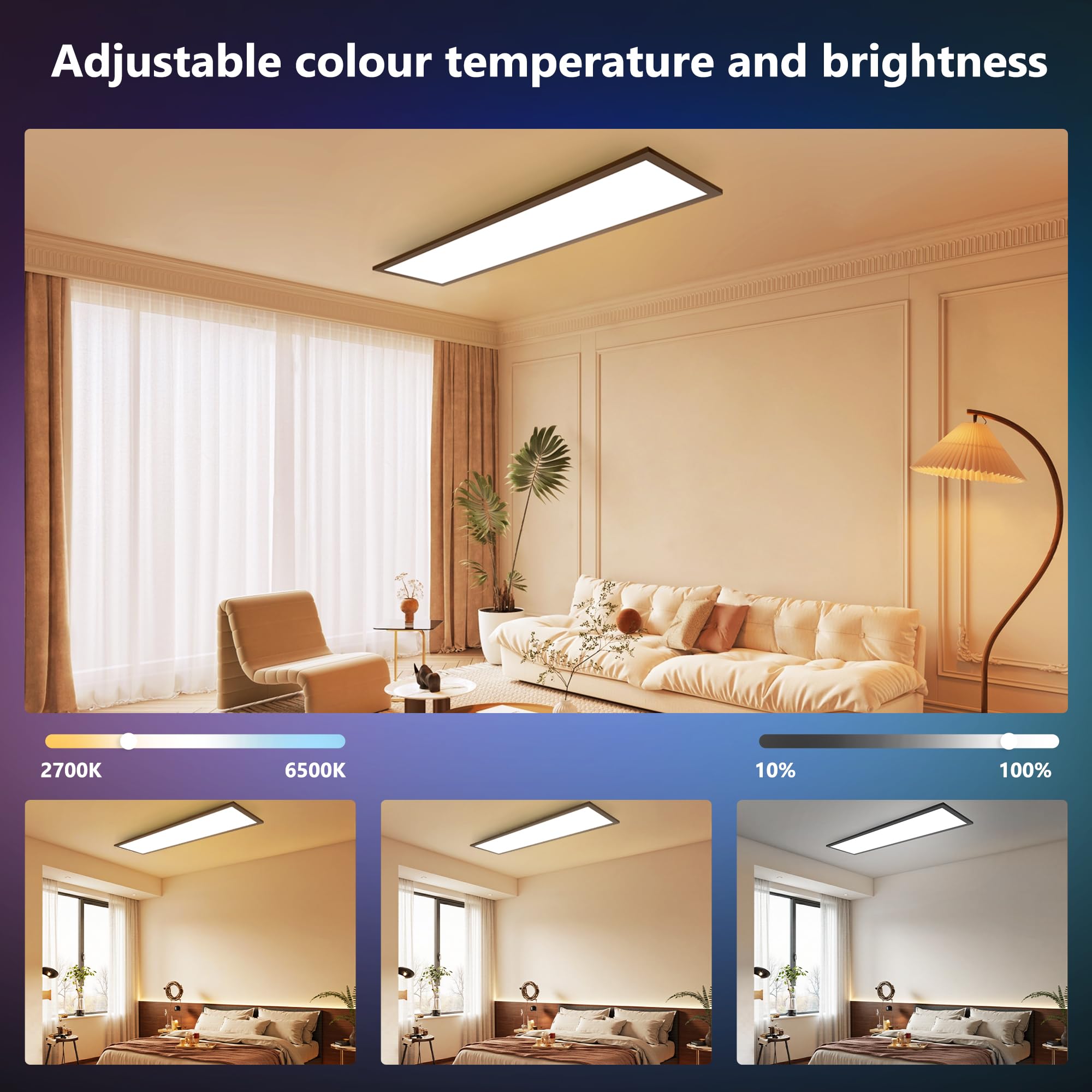 YindaLux Panel sufitowy LED 120 x 30 cm, 40 W, 4000 lm, podświetlenie RGB, ściemnialna lampa sufitowa LED, z pilotem, 2700 K-6500K, lampka nocna + funkcja pamięci, do kuchni, biura, korytarza, czarny