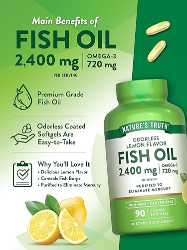 Miniatura 5 de Nature's Truth Suplemento Omega 3 de aceite de pescado  2400 mg  90 cápsulas blandas  Sabor a limón  Sin olor  Sin OMG y sin gluten