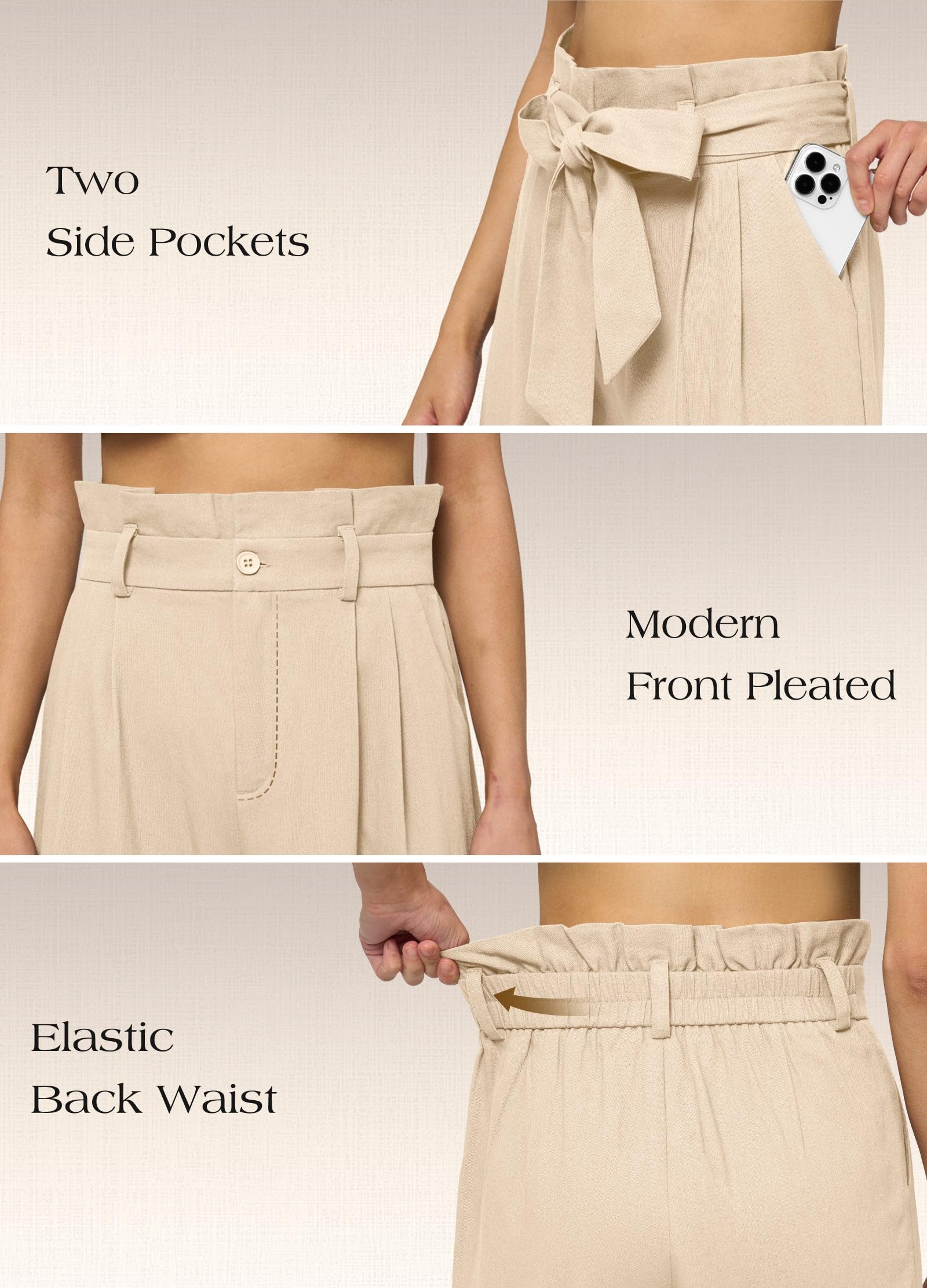 Willit Pantaloni da donna in lino casual a gamba larga, pantaloni da lavoro a vita alta, tasche estive con nodo 71,1 cm/76,2 cm/32 ''