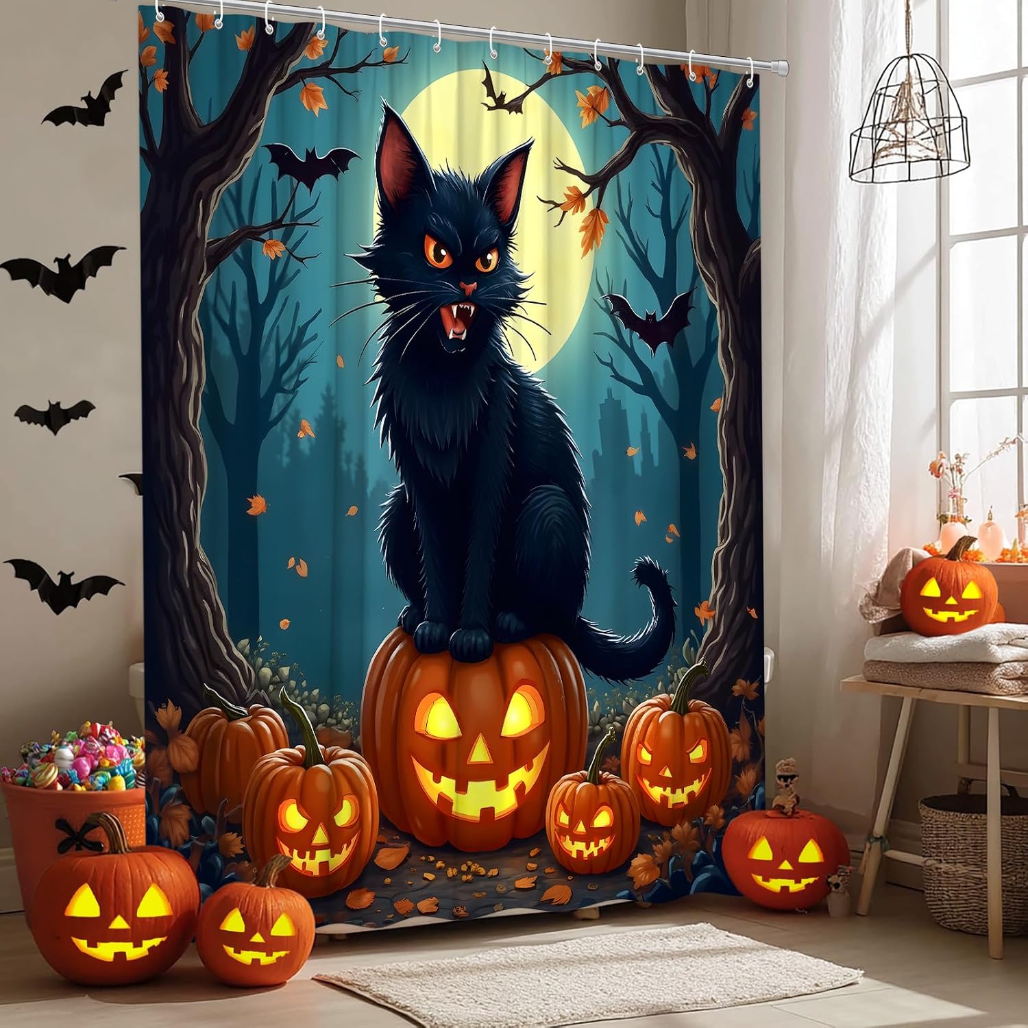 Halloween Shower Curtain Horror Black Cat Pumpkin Scary Forest Moon Bat Spooky Gothic Night Bathroom Curtain Fabric with Hooks(70" WX70 H) image 2