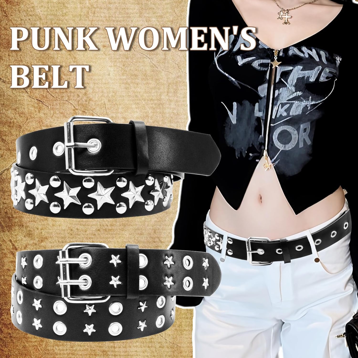 2 Pcs Black Studded Belt PU Leather Y2K Star Belt Gothic Punk Rock Belts Double Metal Grommets for Women Men - Image 2