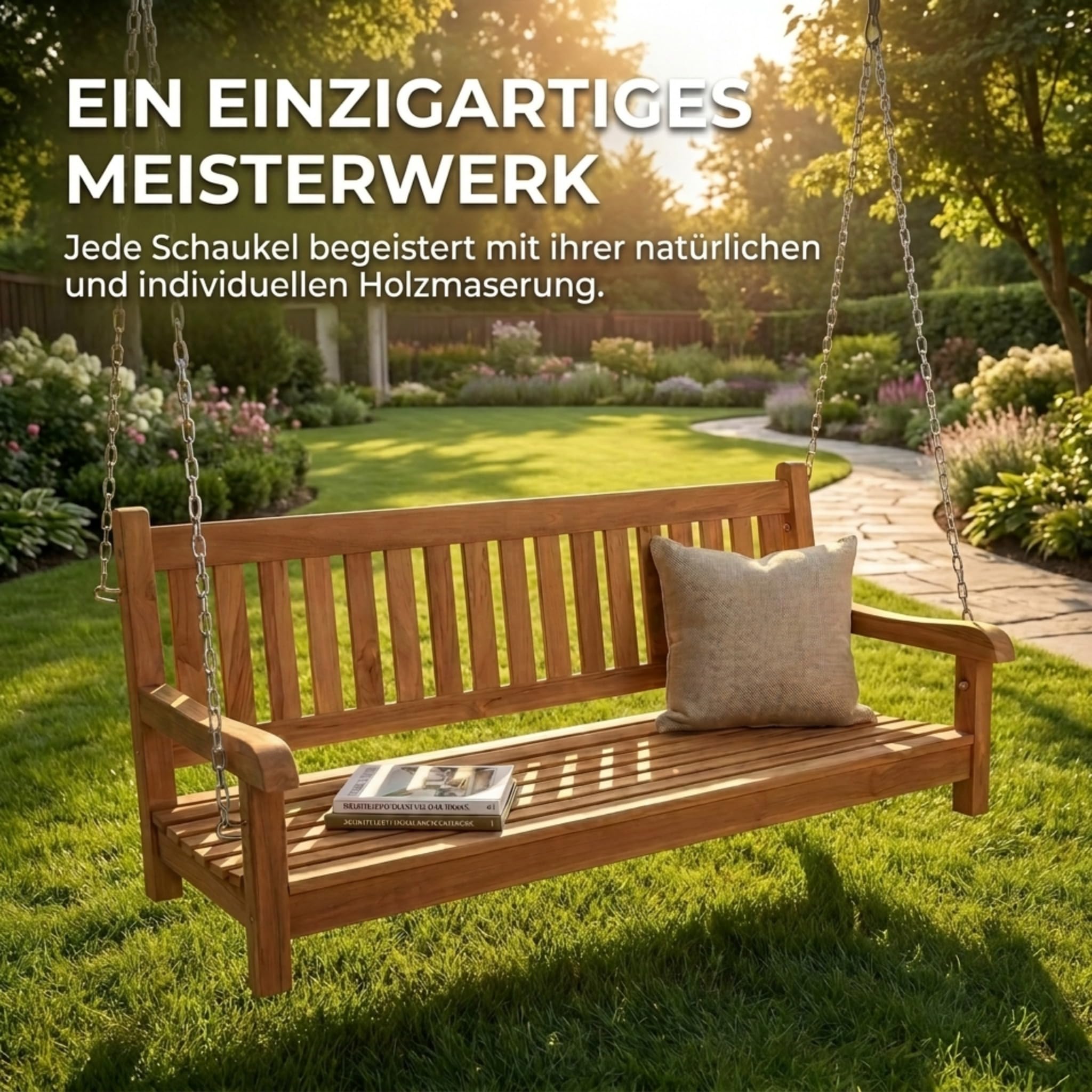 SAM Premium Hollywoodschaukel 2-Sitzer Susana, Schaukelbank 120 cm Teakholz massiv lackiert, hängende Holzschaukel Gartenschaukel wetterfest für Garten Terrasse Balkon Outdoor, Unikat