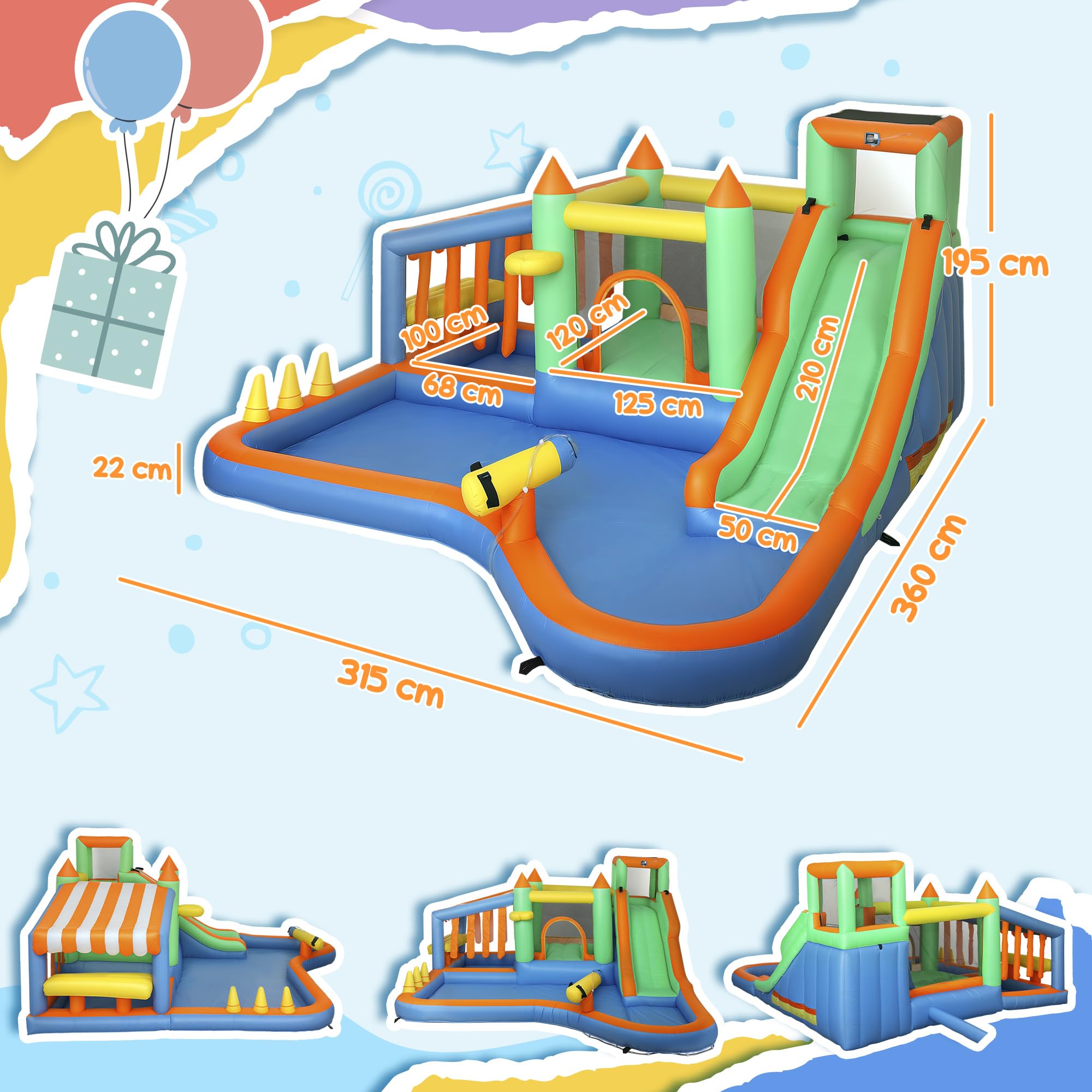 AIYAPLAY Hüpfburg mit Gebläse Wasserrutsche für 3-8 Jahre 360x315x195 cm | Planschbecken, Ballgrube, Kletterwand, Wurfring, Sprung, Basketballkorb, Wasserkanone, Aufblasbare Springburg