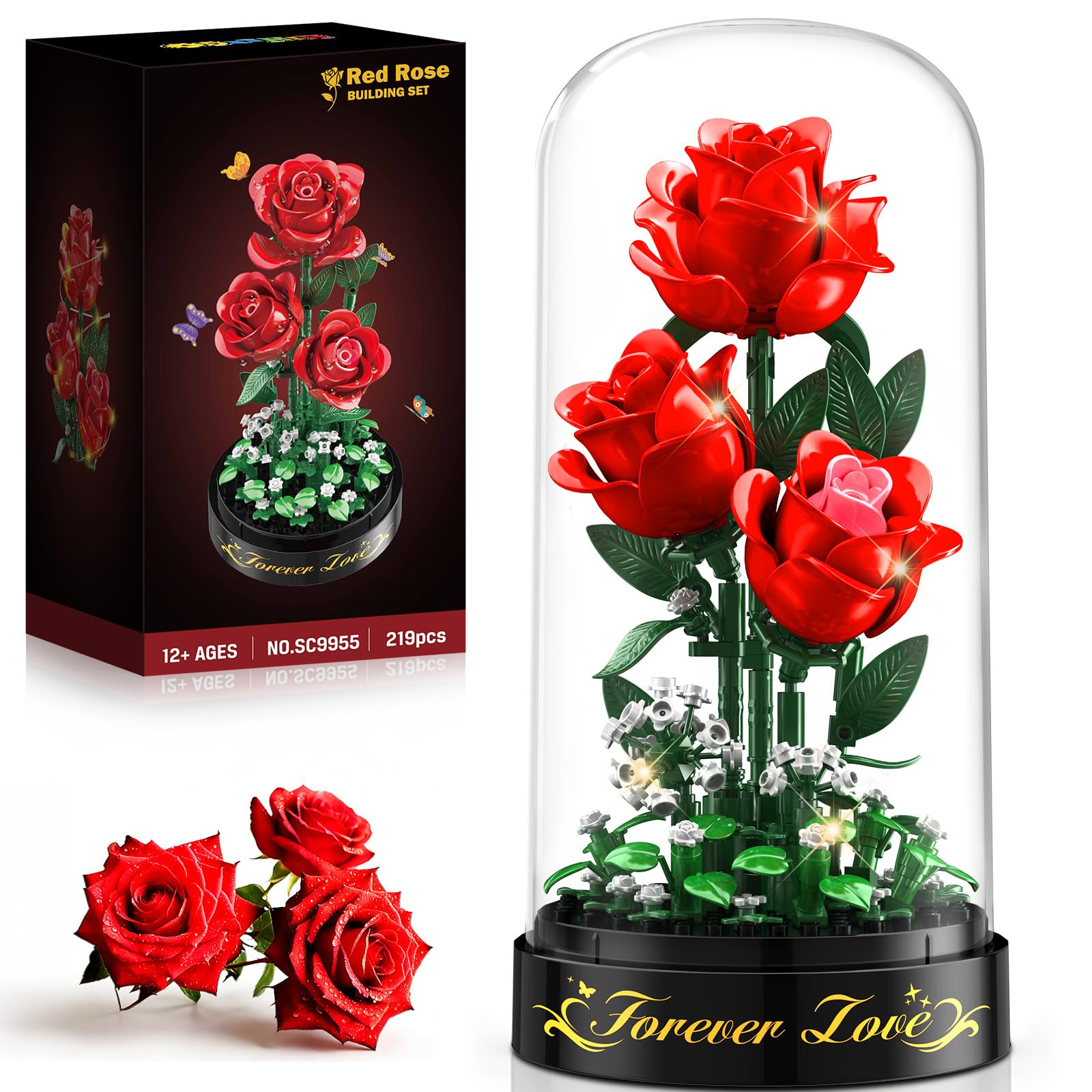 HiWEEGO Rosen Blumenstrauß Bauset mit LED Licht – 3,6 MM Rosenstrauß mit Abdeckung Ostergeschenke für Freundin Ehefrau Erwachsene, 215 Teiles Blumen Bausatz Heimdekoration Botanische Künstliche