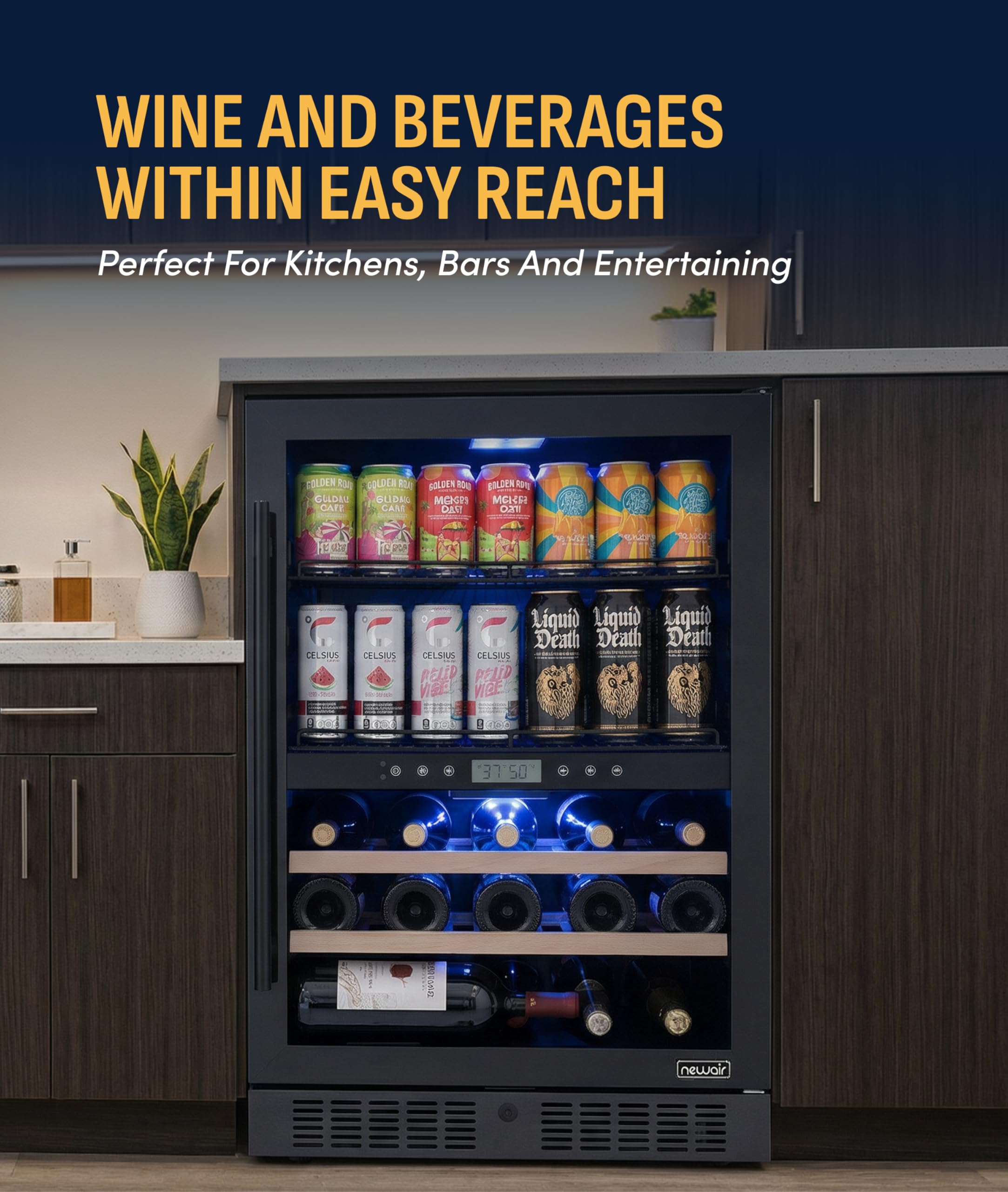 NewAir 24" Dual Zone Beverage Refrigerator & Wine Cooler For 24 Bottles & 100 Cans | Freestanding Or Built-In Under Counter Mini Fridge For Beer, Wine And Soda | Stainless Steel on Fridge.com - View 3