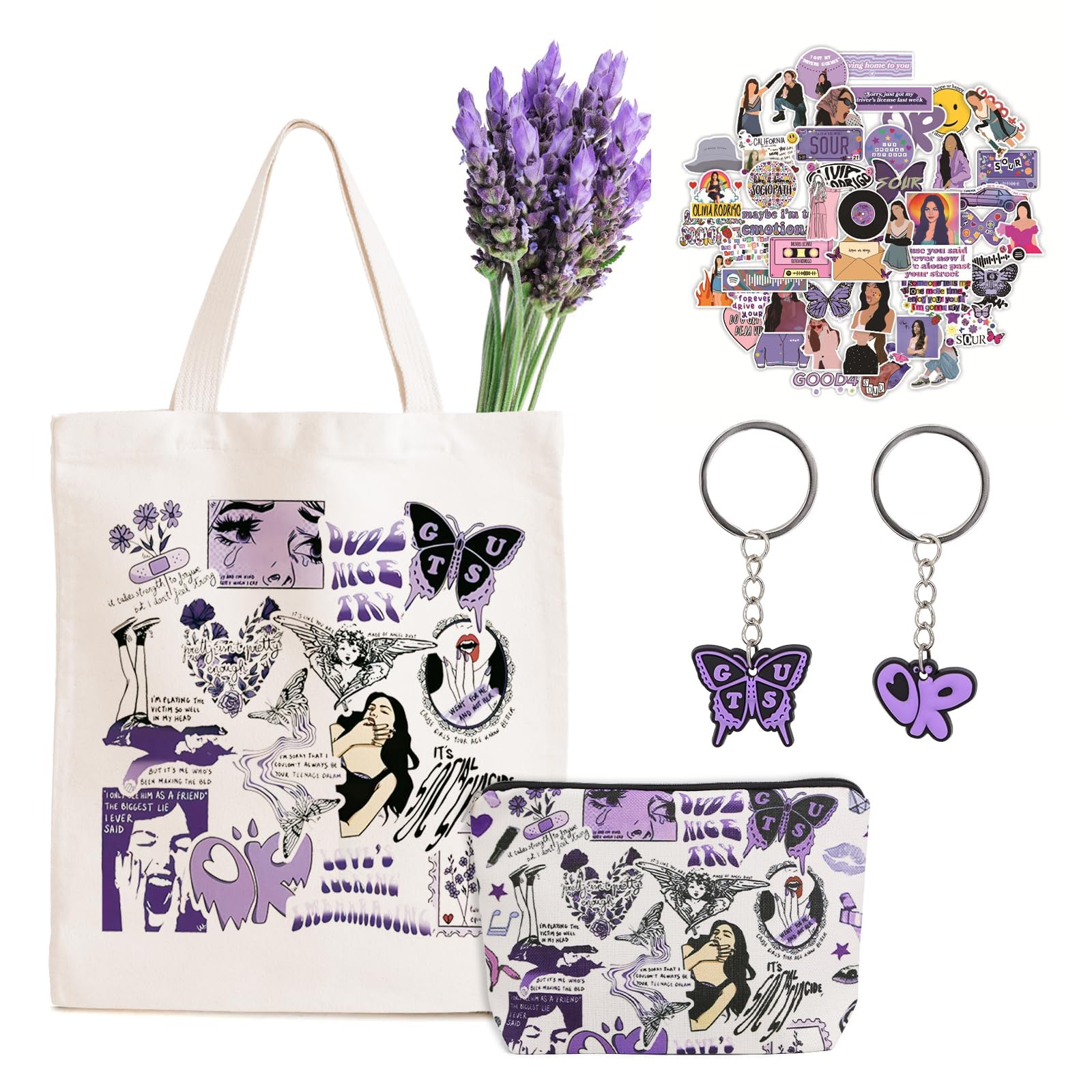 Ol𝕚v𝕚a Merch Album Canvas Bag, Singer Musical Makeup Bags Cosmetic Bag with Stickers & Keychain, G-U-T-S Tour Concert Tote Gift for Fans Women (TYPE 2