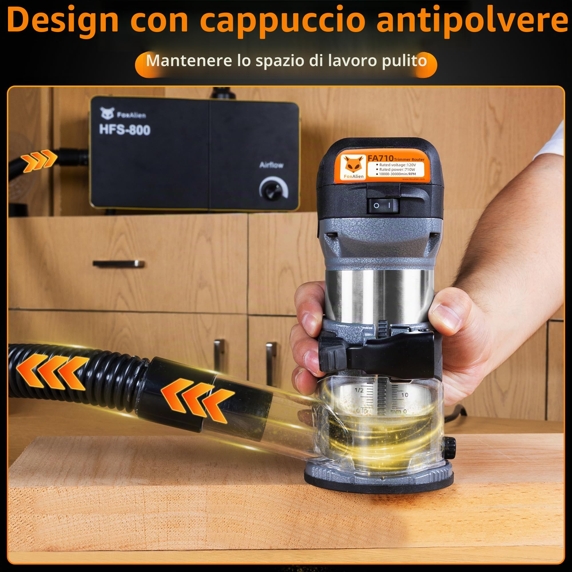 FoxAlien 1 HP 710 W 65 mm di diametro Compact Palm Router per fresatrice CNC, 6 velocità variabili Max 30000 R/MIN legno Trimmer con 1/4" Collect