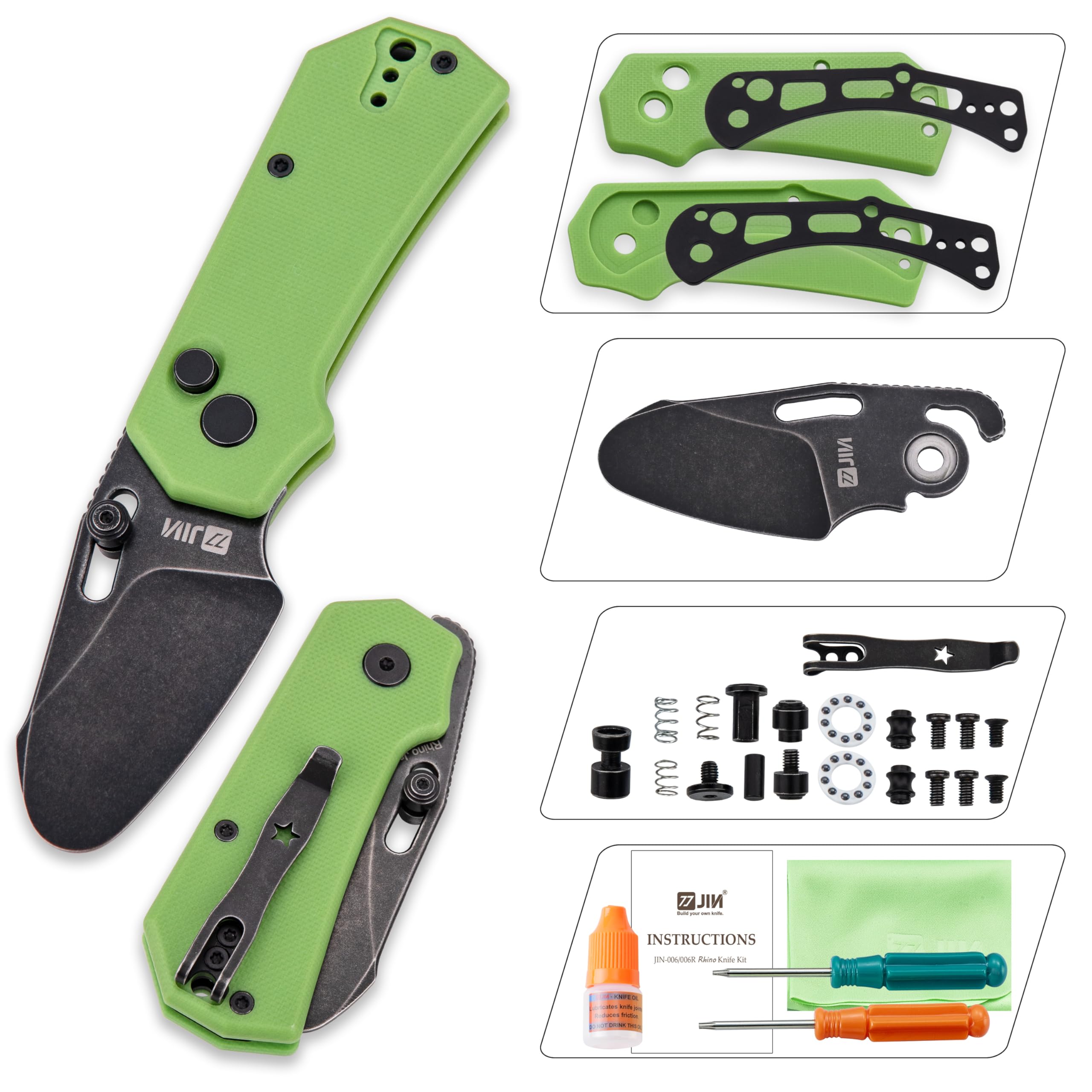 JIN Rhino Jr. Kids Pocket Knife, Fidget Toy Knife, DIY Kit, 1.97” Unsharpened Steel Blade, Safety Rounded Tip, Kids-friendly Button Lock Folding EDC, Green G10 Handle