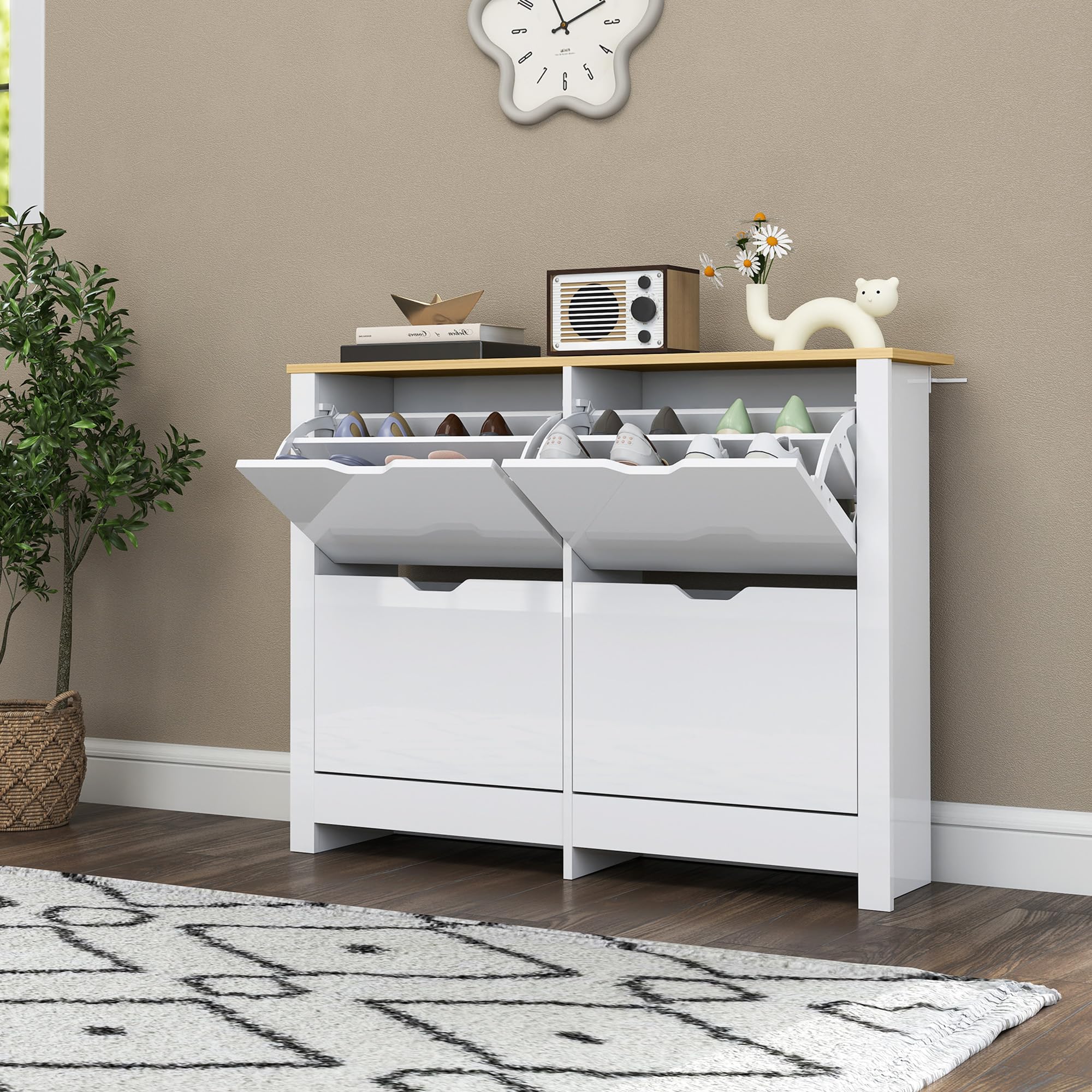 HOMCOM Meuble à Chaussures 4 Tiroirs 105 x 26 x 80 cm Blanc Naturel | Armoire à Chaussures Étroite 16 Paires, Étagères Réglables, Style Moderne, pour Couloir, Entrée,