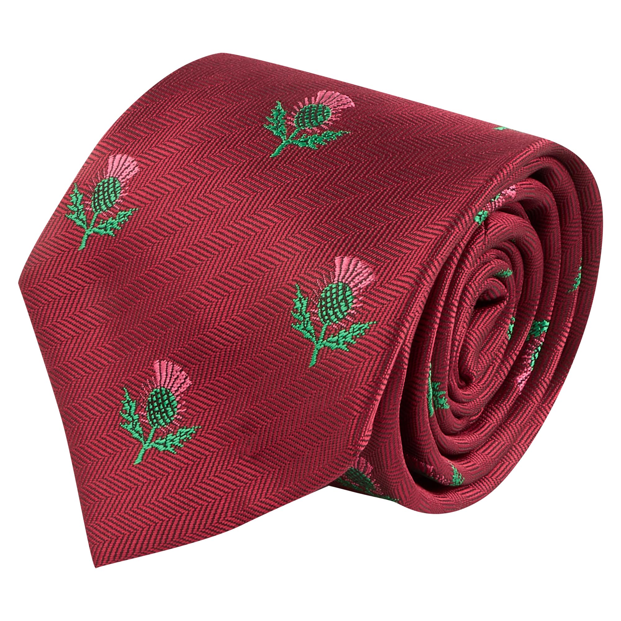 King & Priory Burgundy Scottish Thistle Red Herringbone Embroidered Tie