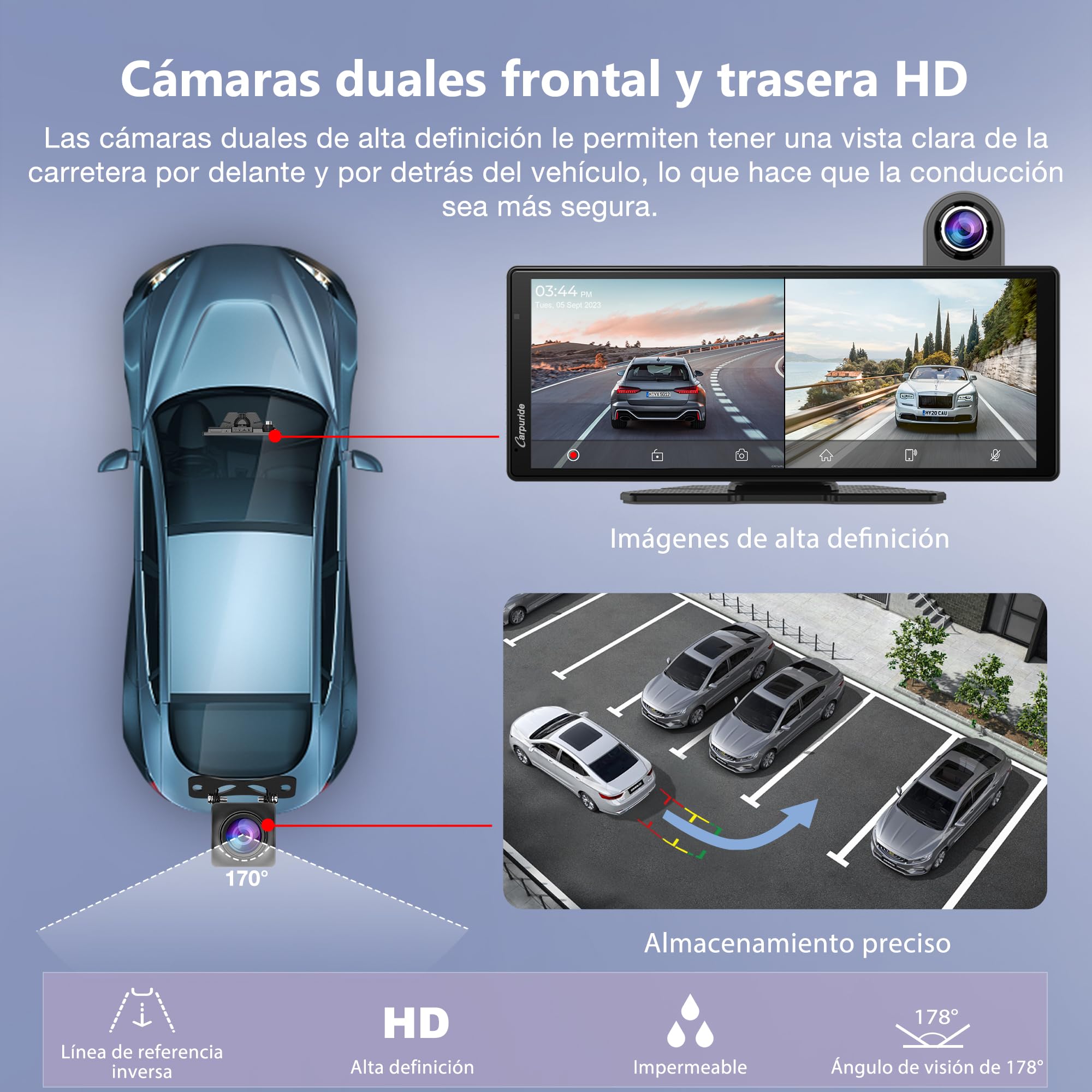 Carpuride W904=904-L Carplay & Android Auto con Dash CAM - Pantalla táctil IPS HD de 10" para Coche, cámara Frontal 4K y Trasera 1080P, grabación en Bucle, Audio Bluetooth, Mirror Link, GPS, Siri