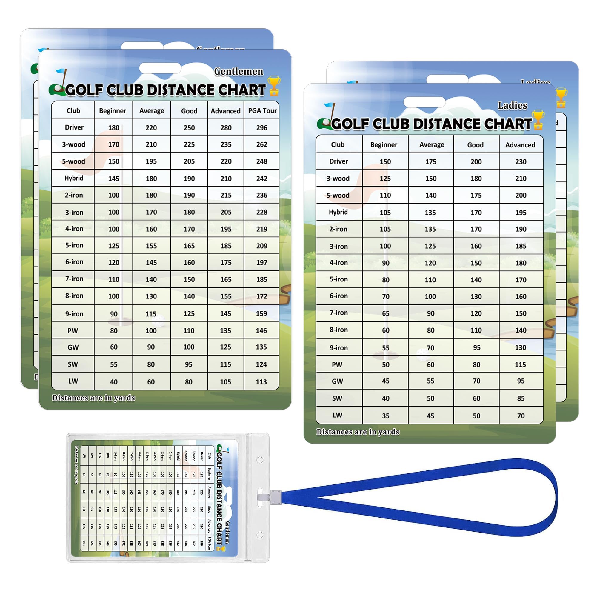 4 Pack Gentleman Ladies Golf Club Range Chart Card 3.5x5 Inch - Distance Card Gift Bag Accessories, Red and Metallic, 3.5x5 inches