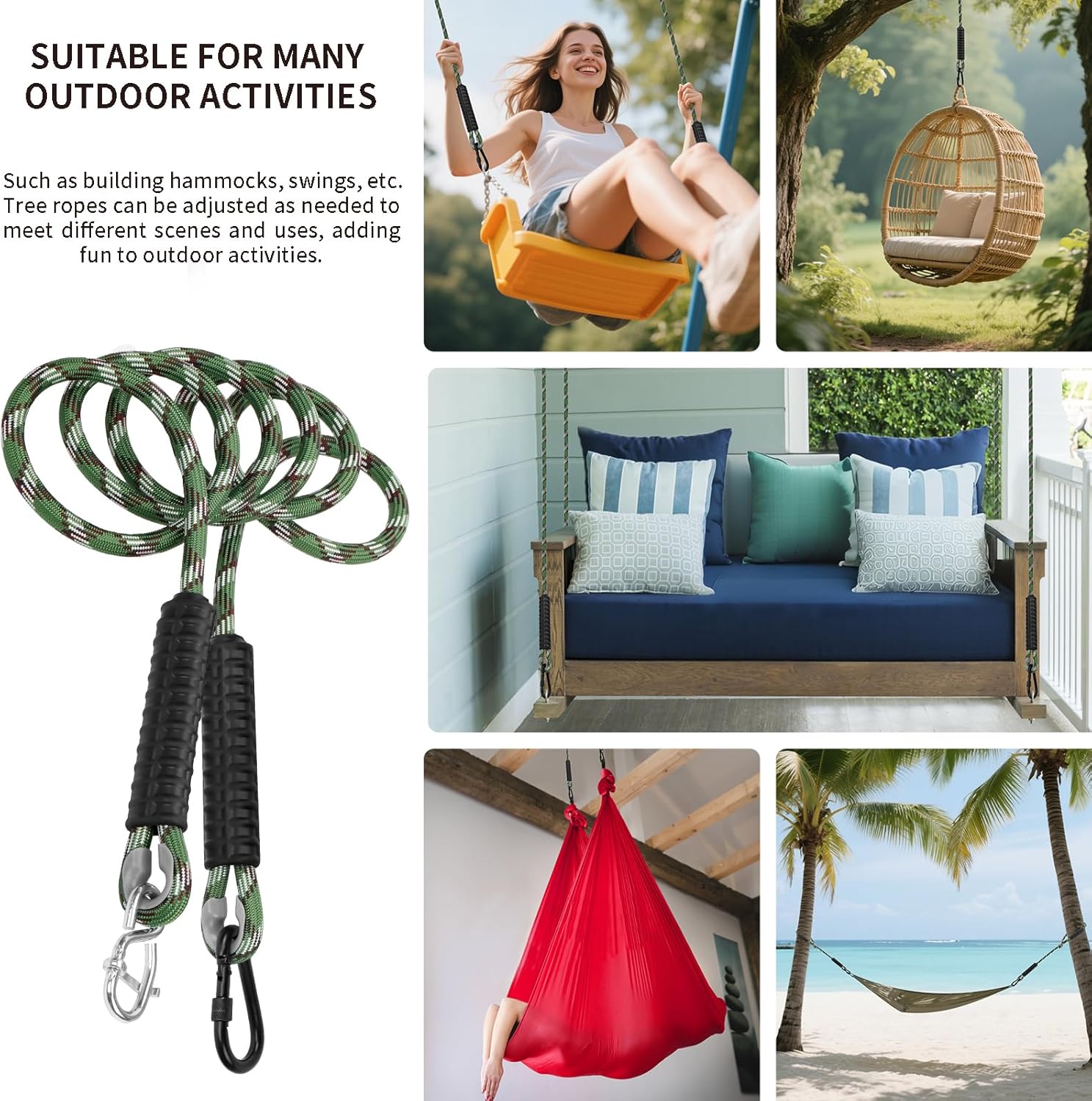 Heavy Duty Tree Swing Ropes Hammock, Adjustable Extendable Hanging Straps, Carabiners for All Swings Hammock Playground Set Accessories 5.6ft(67") of 2, Green 3 81zKOQ0f0YL. AC SL1500