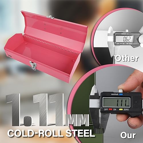 Miniatura 3 de P.I.T. Caja de herramientas pequeña de 15 pulgadas, caja de herramientas de metal portátil, mini caja de herramientas rosa, caja de herramientas de