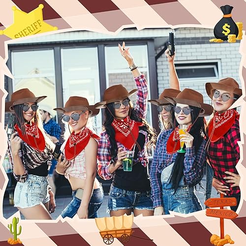 Miniatura 6 de Newcotte El juego de 18 sombreros de plástico de vaquero occidental incluye 6 sombreros, 6 bandanas de cachemira, 6 pares de gafas de corazón para