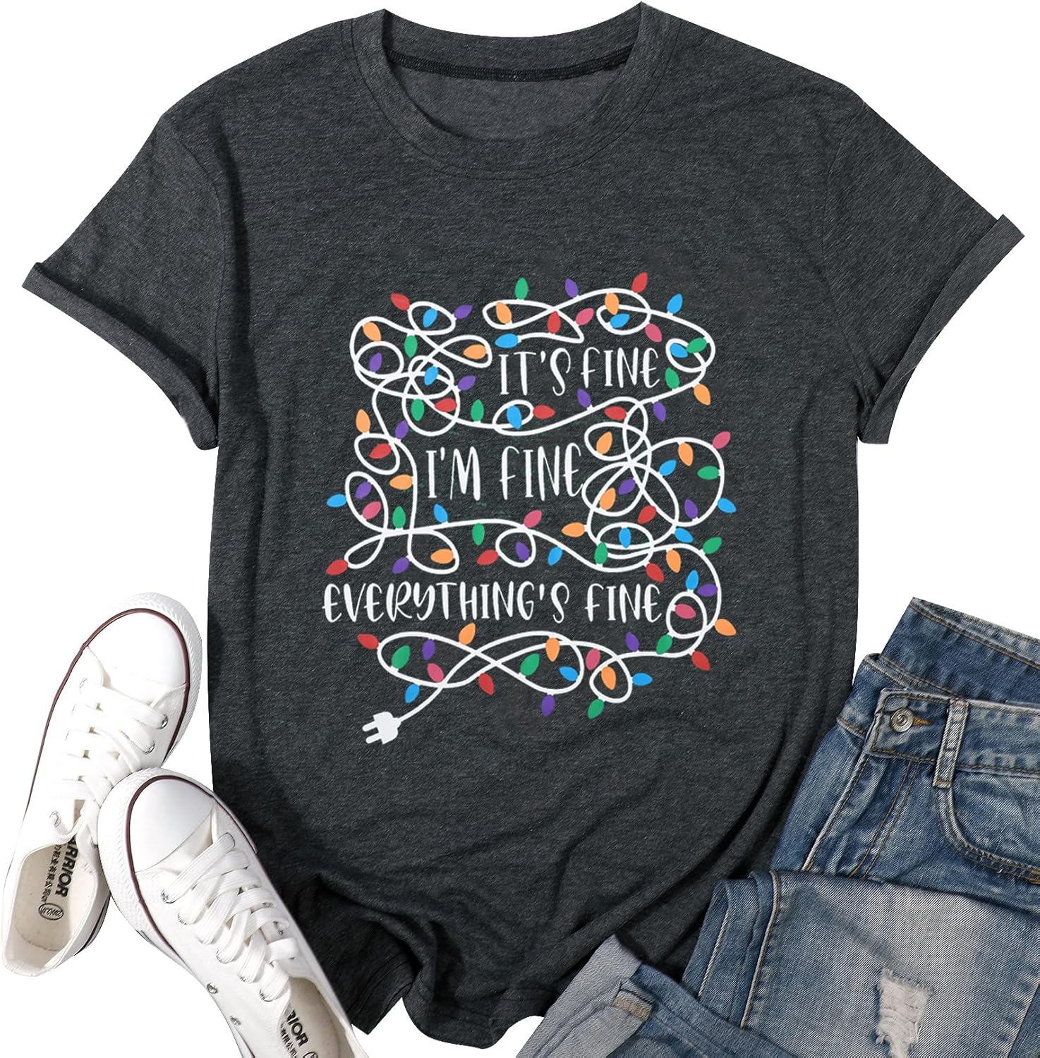 I'm Fine Everything's Fine Women's Christmas Shirts Casual Short Sleeve Tees Tops with Christmas Lights - Image 7