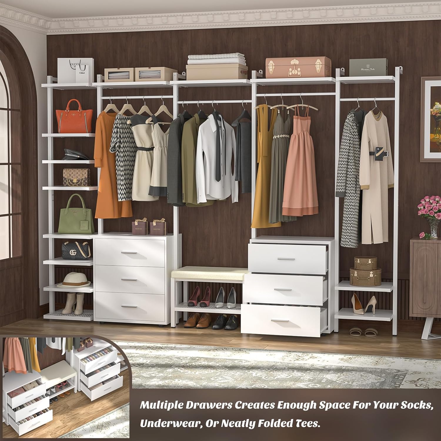 Aheaplus 8FT Closet Organizer in a bedroom setting, showcasing its full storage capacity with clothes, shoes, and bags.