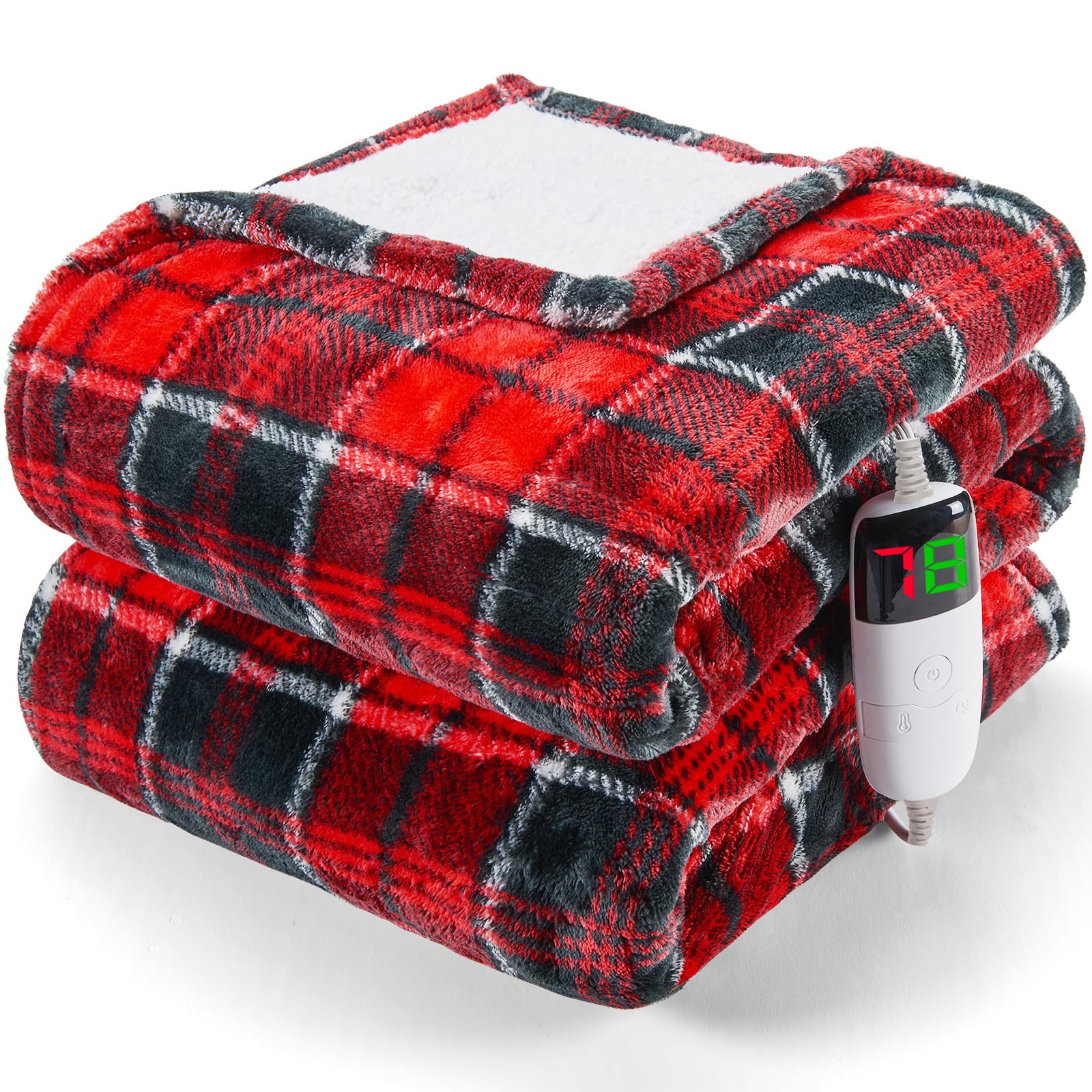 cobija eléctrica con calefacción, 50 x 60 pulgadas, manta térmica de Navidad con 10 niveles de calefacción y 8 horas de apagado automático, manta Sherpa a cuadros rojos para adultos, sofá, cama, uso
