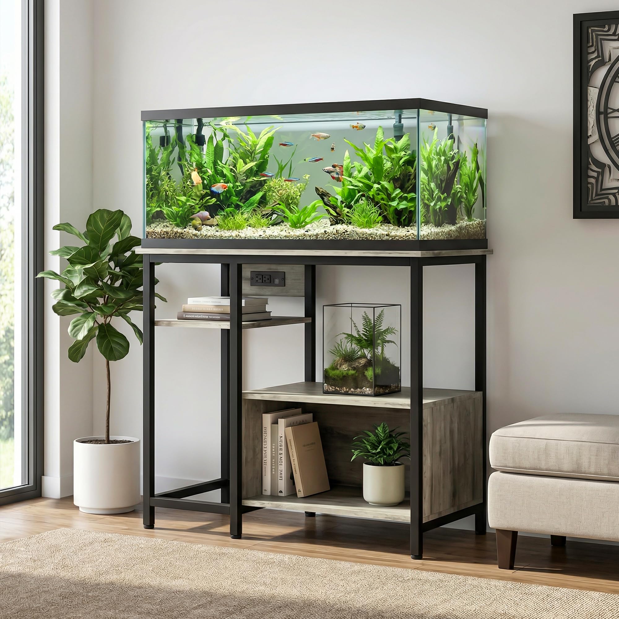 Garvee Aquariumständer mit Steckdosen für 40-50 Gallonen, stabiler Metall & Holz Aquarium Unterschrank mit 4 offenen Ablagen, hohe Tragkraft, verstellbare Füße